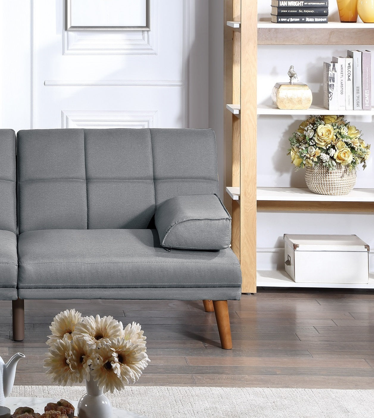 Blue Grey Polyfiber 2pc Sectional Sofa Set: Solid Wood Legs, Tufted Couch, Adjustable Sofa Chaise