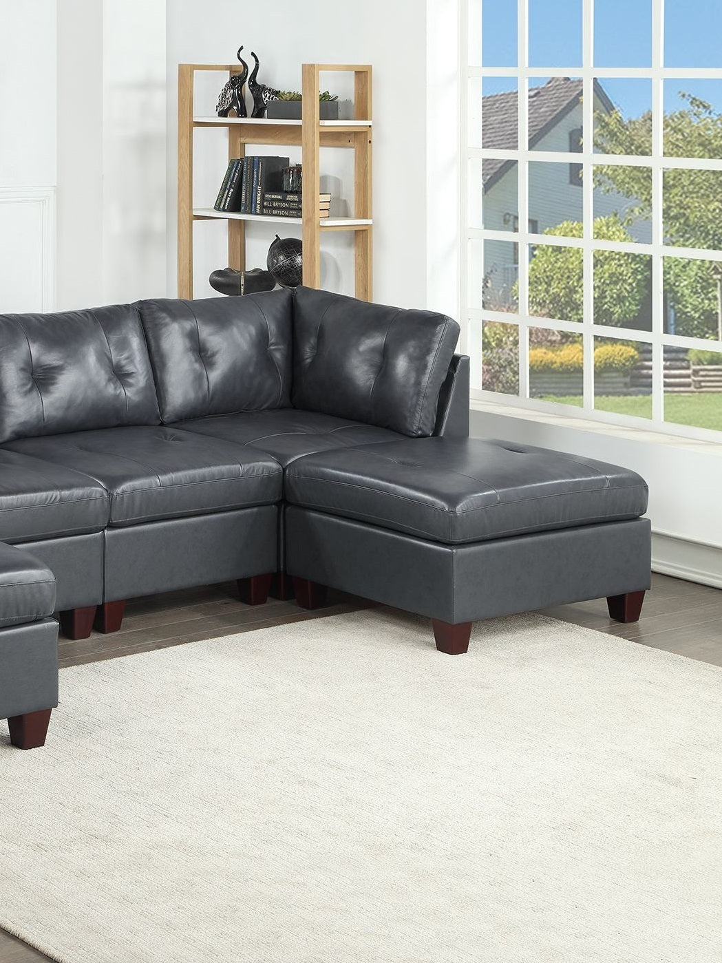 Genuine Leather Black Tufted 6pc Sectional Set - Corner Wedge, Armless Chair, Ottomans - Living Room Furniture Sofa Couch