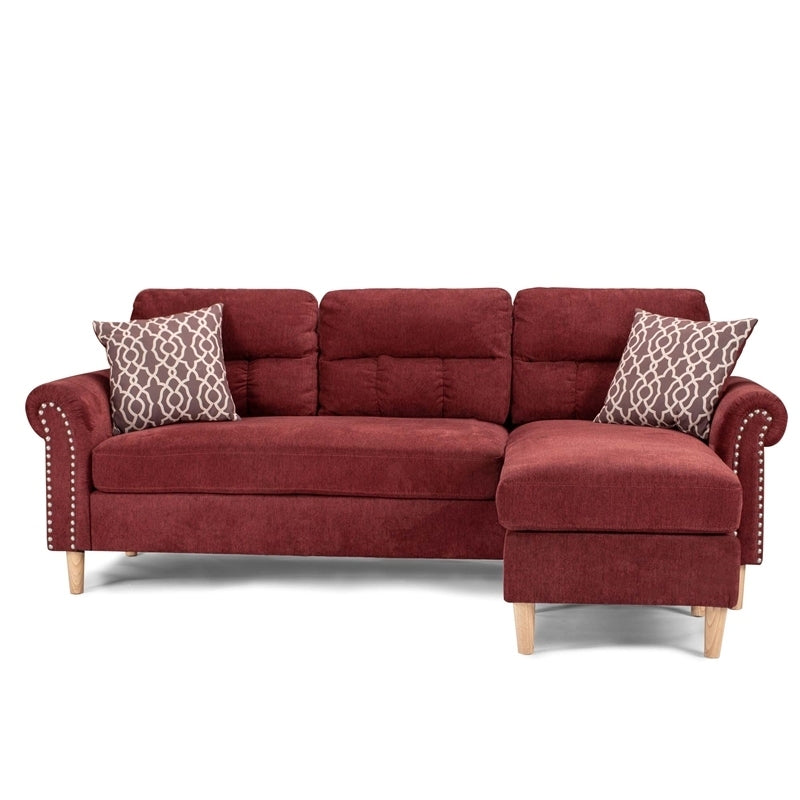 Paparika Red Polyfiber Reversible Sectional Sofa Set with Chaise, Pillows, Plush Cushion, and Nailheads - Luxurious Comfort for Your Living Space