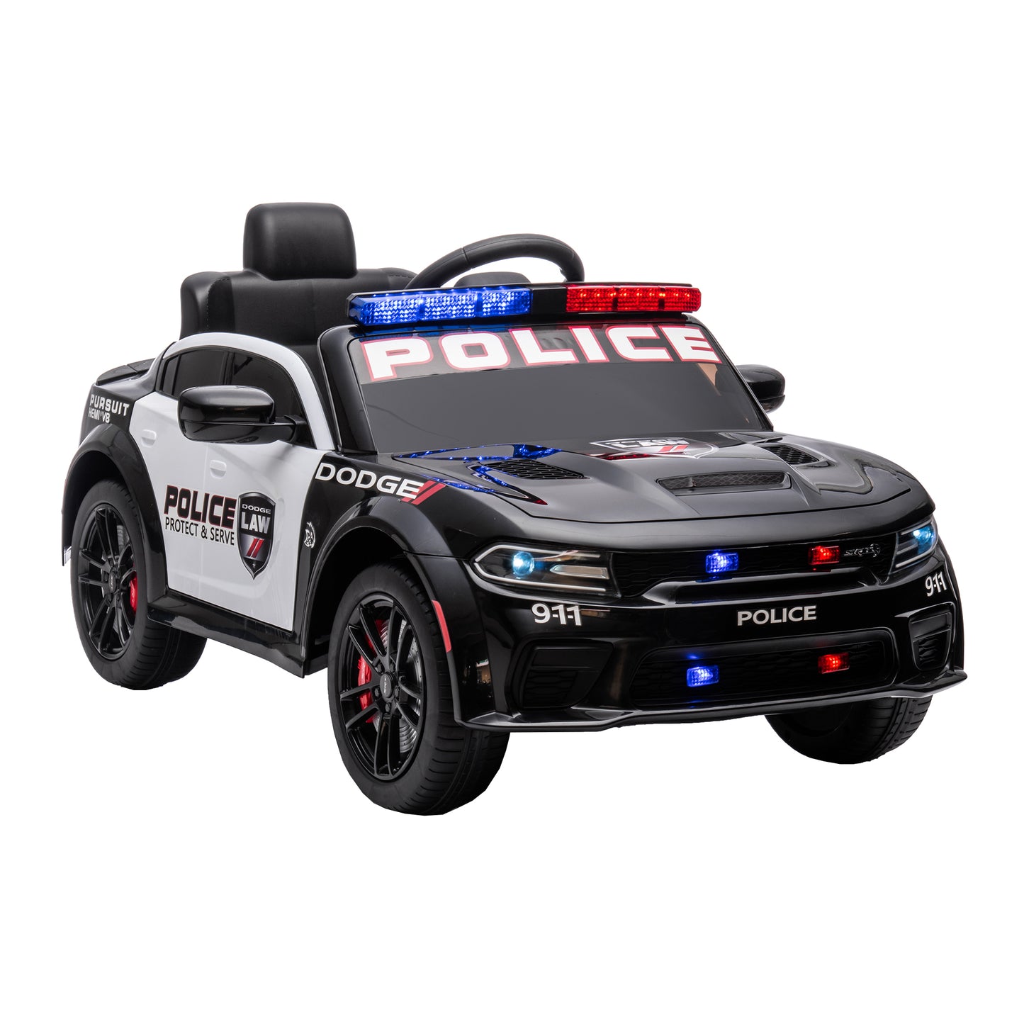 12V Licensed Dodge Charger Kids Ride On Police Car | Remote Control, Adjustable Speeds, Power Display | USB, MP3, Bluetooth, LED Lights | Four-Wheel Suspension, Slow Start | Black