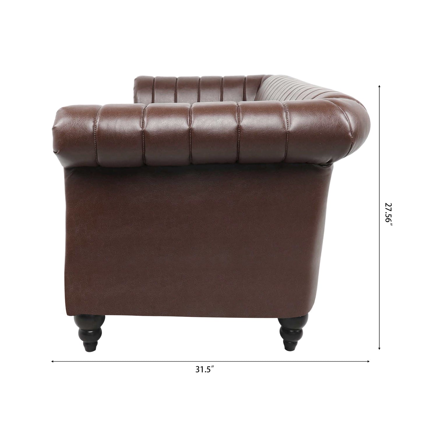 83.46'' Brown PU Rolled Arm Chesterfield Three Seater Sofa: Elegant and Spacious Upholstered Seating Solution with Classic Rolled Arms and Luxurious Brown PU Leather Finish