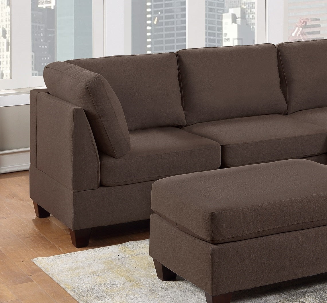 Modular Sectional 6pc Set Living Room Furniture - L-Sectional in Black Coffee Linen Like Fabric - 2 Corner Wedge, 2 Armless Chairs, and 2 Ottomans
