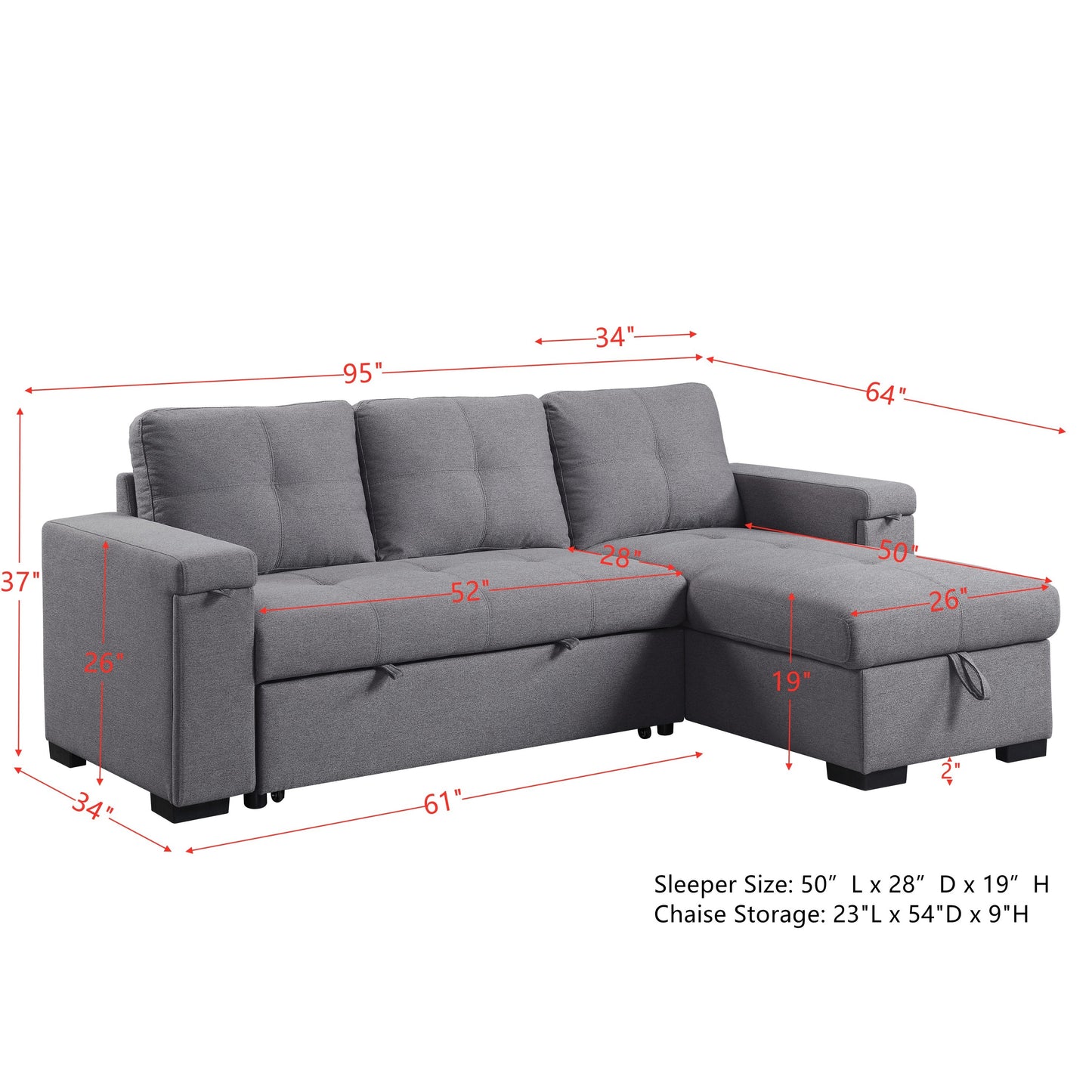 ACME Jacop Sleeper Sectional Sofa: Dark Gray Fabric, Storage, Comfortable for Restful Sleep, Elegant Design, LV00969