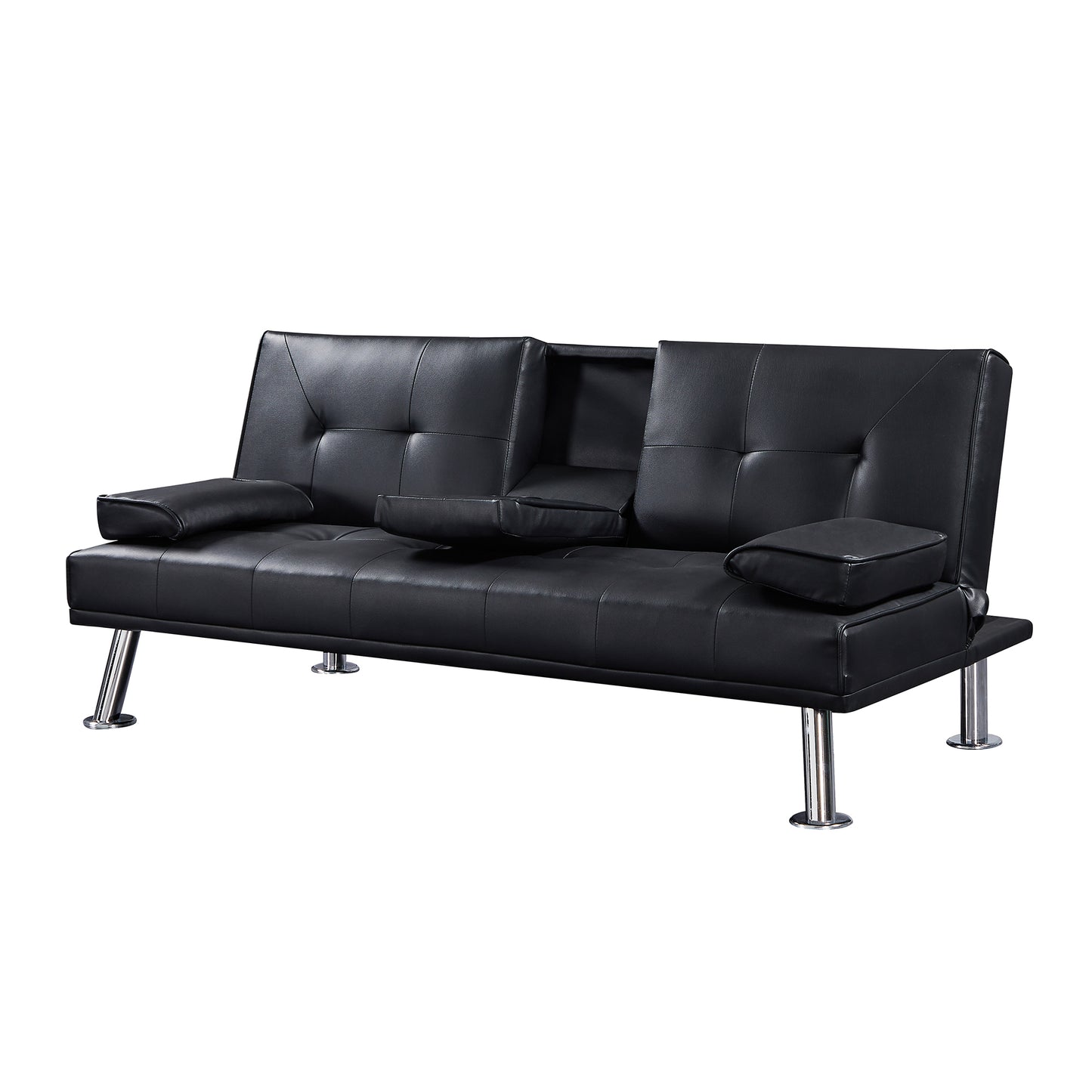 Black Faux Leather Loveseat Sofa Bed with Cup Holders - Convertible Folding Sleeper Couch Bed, Space-Saving Design - Comfortable, Durable, and Stylish - Perfect for Small Spaces - Includes Cup Holders - Black Color - Compact Size