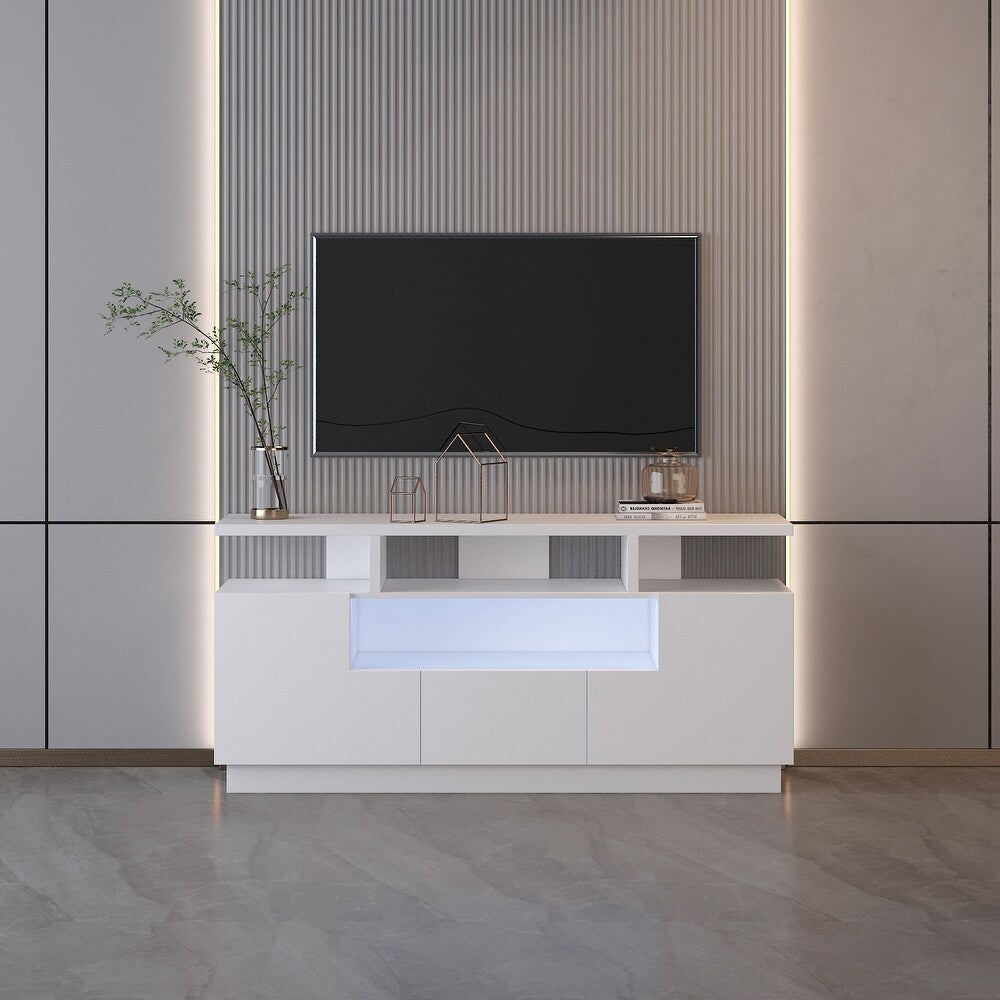 Klair Living Contemporary TV Stand with Lights in Glossy White