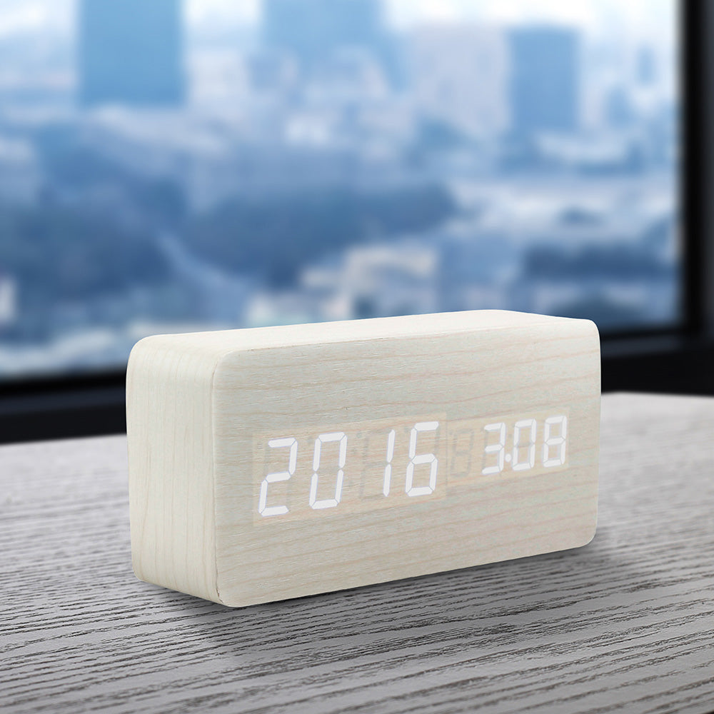 Oct17 Wooden Digital Alarm Clock, Wood Fashion Multi-Function LED Alarm Clock with USB Power Supply, Voice Control, Thermometer