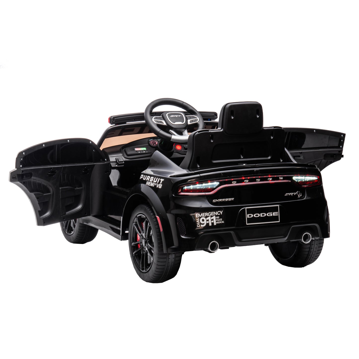 12V Licensed Dodge Charger Kids Ride On Police Car | Remote Control, Adjustable Speeds, Power Display | USB, MP3, Bluetooth, LED Lights | Four-Wheel Suspension, Slow Start | Black