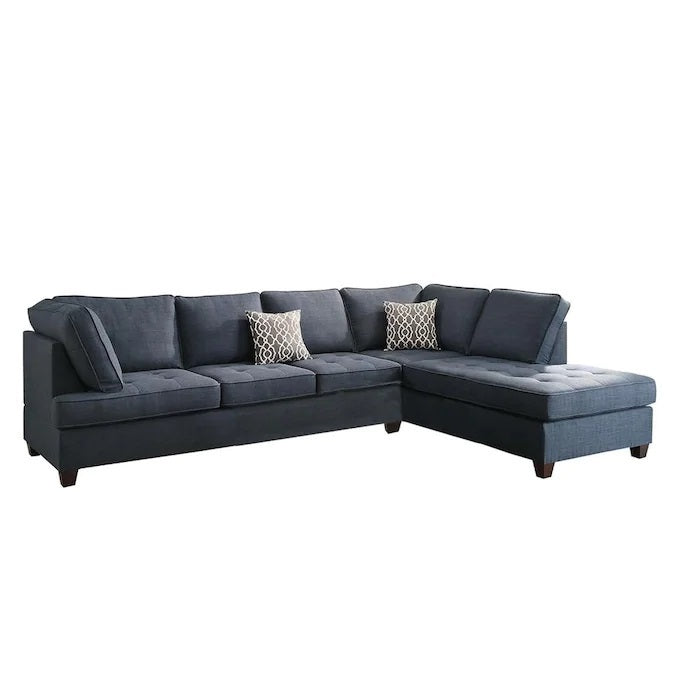 2pc Reversible Chaise Dark Blue Dorris Fabric Sectional Sofa Set: Living Room Furniture Couch
