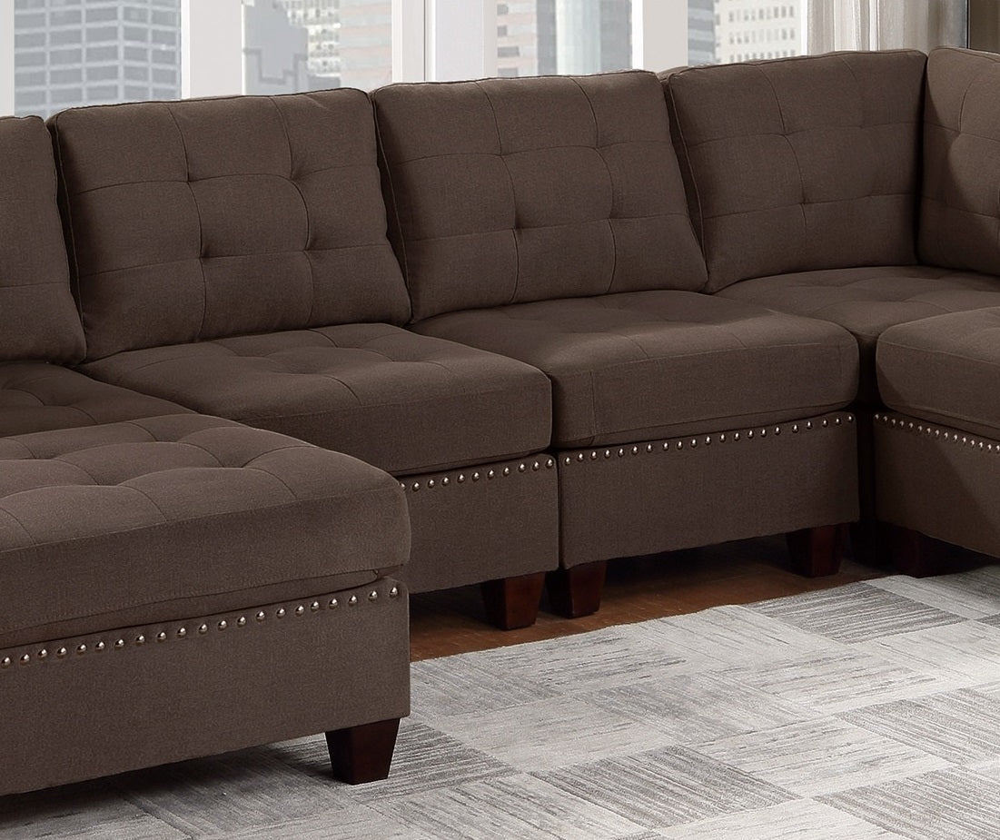 Contemporary Modular Sectional 8pc Set Living Room Furniture - Black Coffee Linen Like Fabric, Tufted Nail heads, Corner L-Sectional with 3x Corner Wedge, 3x Armless Chair, and 2x Ottoman