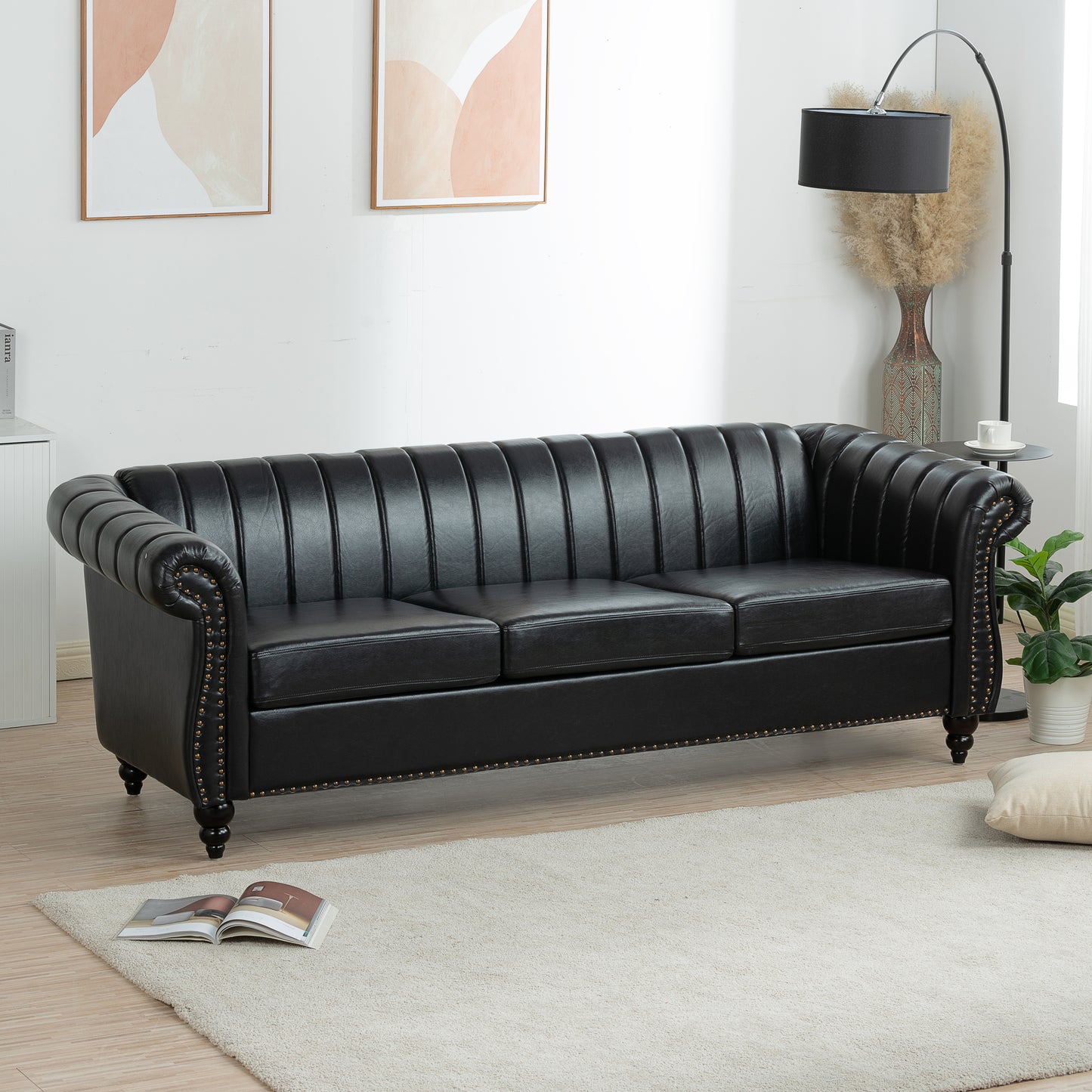 83.46'' Black PU Rolled Arm Chesterfield Three Seater Sofa: Elegant, Comfortable, and Spacious