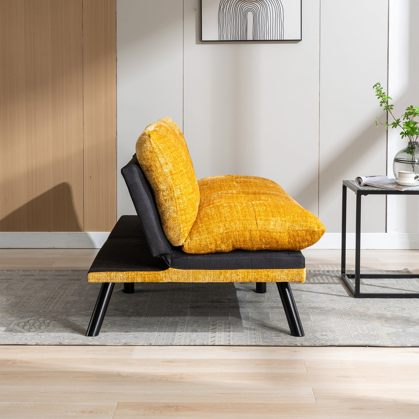 Convertible Sofa Bed Loveseat Futon Bed Adjustable Lounge Couch with Metal Legs, Breathable Chenille-Yellow. Perfect for Compact Living Spaces.