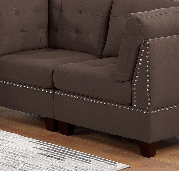 Contemporary Modular Sectional 8pc Set Living Room Furniture - Black Coffee Linen Like Fabric, Tufted Nail heads, Corner L-Sectional with 3x Corner Wedge, 3x Armless Chair, and 2x Ottoman