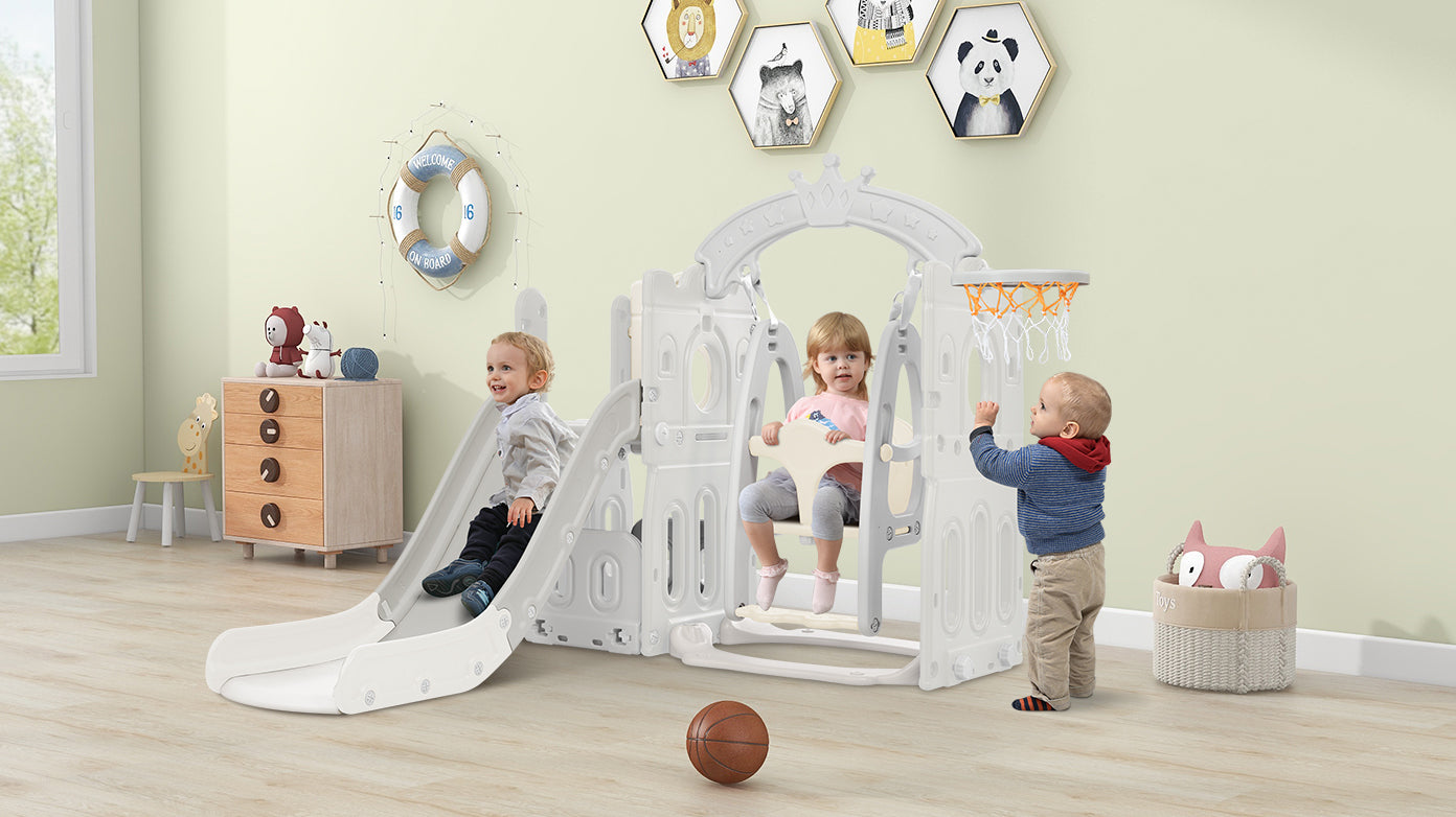 Toddler Slide and Swing Set: 5 in 1, Kids Playground Climber Slide Playset with Basketball Hoop, Freestanding Combination for Indoor & Outdoor Use