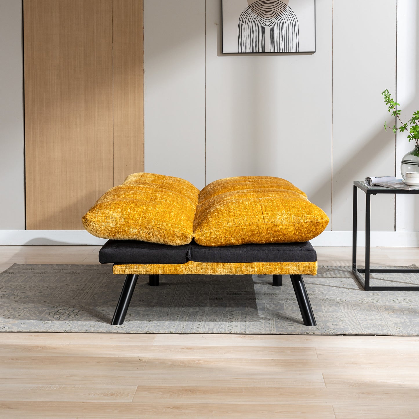 Convertible Sofa Bed Loveseat Futon Bed Adjustable Lounge Couch with Metal Legs, Breathable Chenille-Yellow. Perfect for Compact Living Spaces.