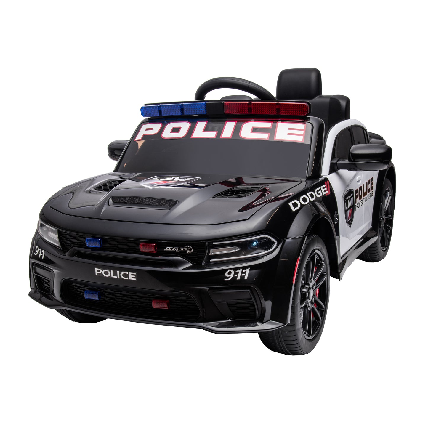 12V Licensed Dodge Charger Kids Ride On Police Car | Remote Control, Adjustable Speeds, Power Display | USB, MP3, Bluetooth, LED Lights | Four-Wheel Suspension, Slow Start | Black
