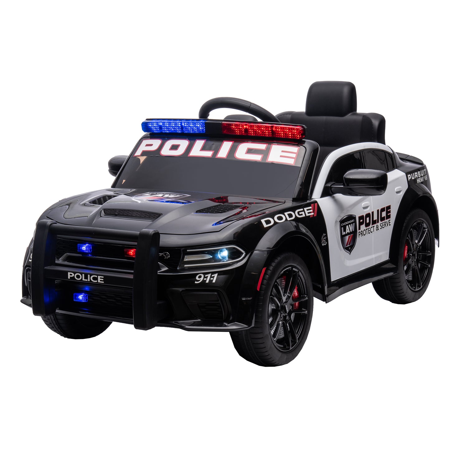 12V Licensed Dodge Charger Kids Ride On Police Car | Remote Control, Adjustable Speeds, Power Display | USB, MP3, Bluetooth, LED Lights | Four-Wheel Suspension, Slow Start | Black