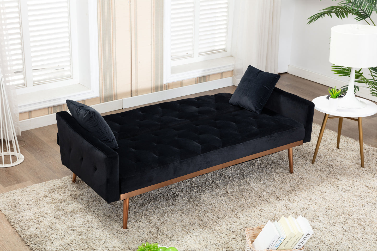 Velvet Sofa: Stainless Feet, Black Color - Accent Loveseat Sofa.