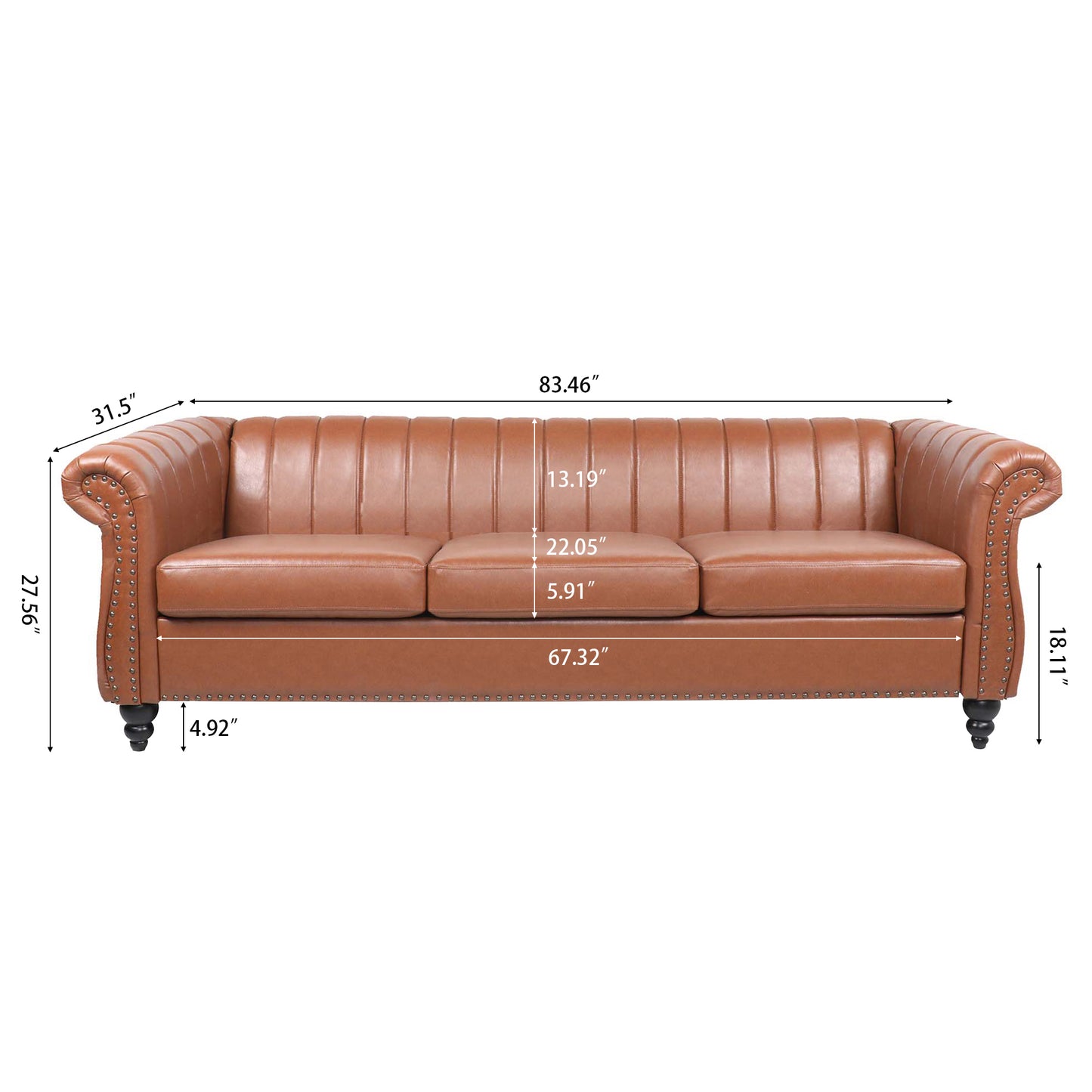83.46" Brown PU Rolled Arm Chesterfield 3-Seater Sofa: Elegant and Spacious