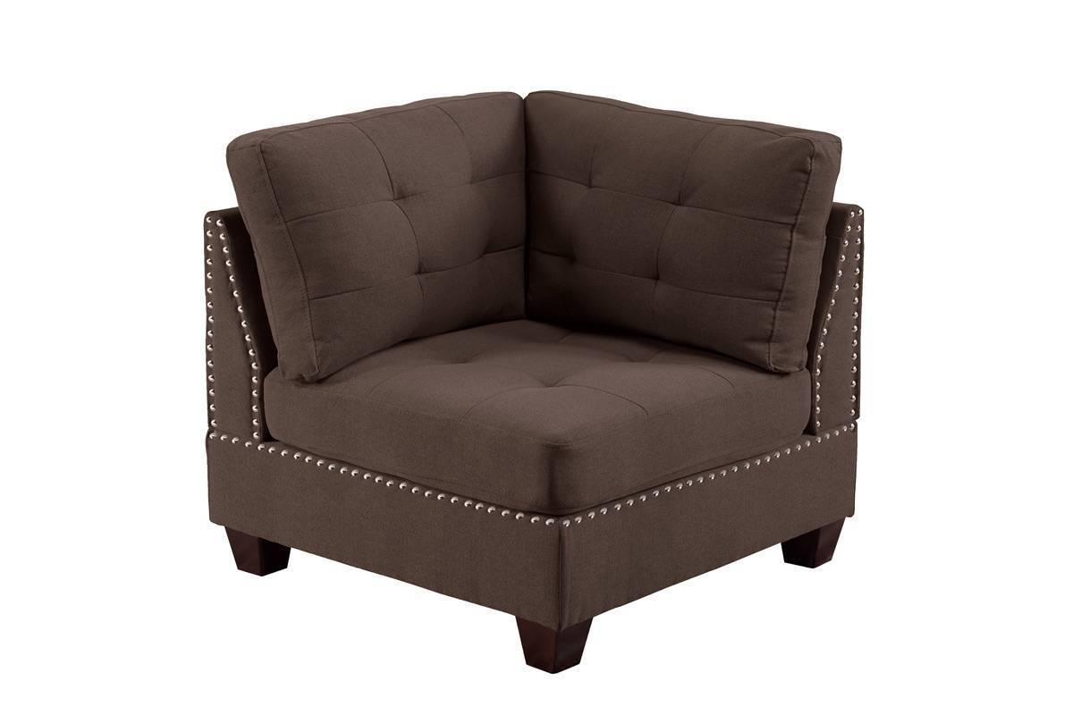 Contemporary Modular Sectional 8pc Set Living Room Furniture - Black Coffee Linen Like Fabric, Tufted Nail heads, Corner L-Sectional with 3x Corner Wedge, 3x Armless Chair, and 2x Ottoman
