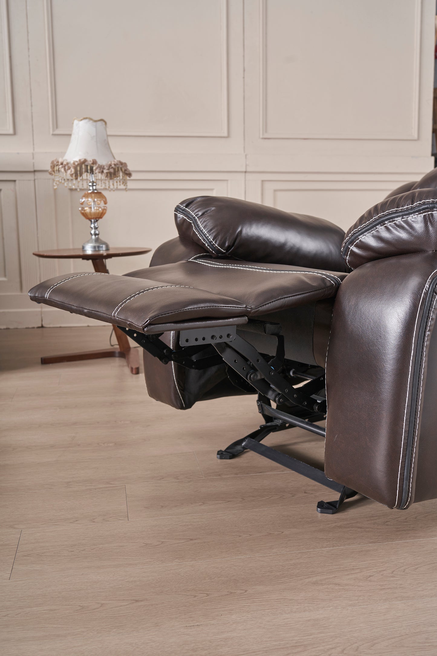 Reclining Upholstered Manual Puller in Faux Leather: Brown, 85.83"x38.58"x40.16"
