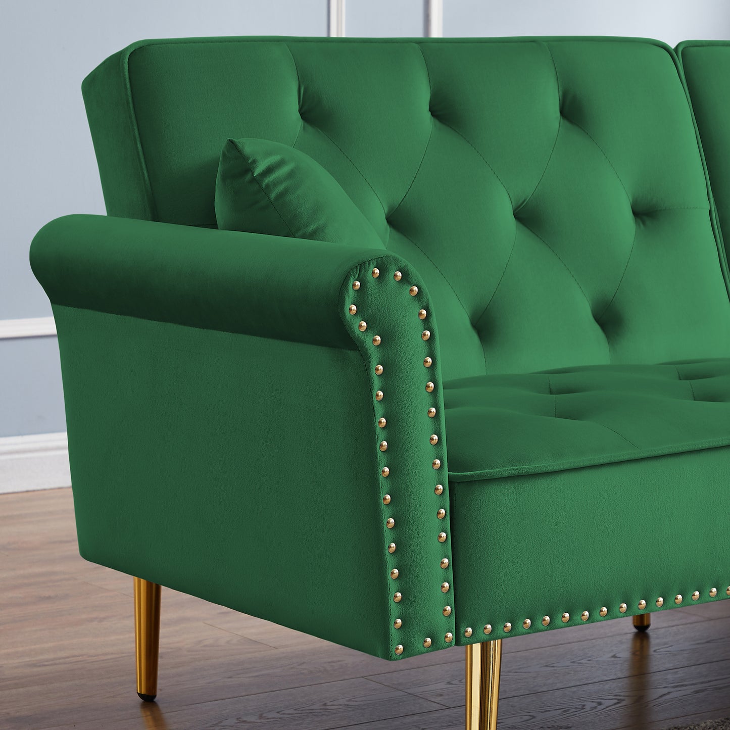 Modern Velvet Tufted Sofa Couch with 2 Pillows, Nailhead Trim, Loveseat Sofa Bed