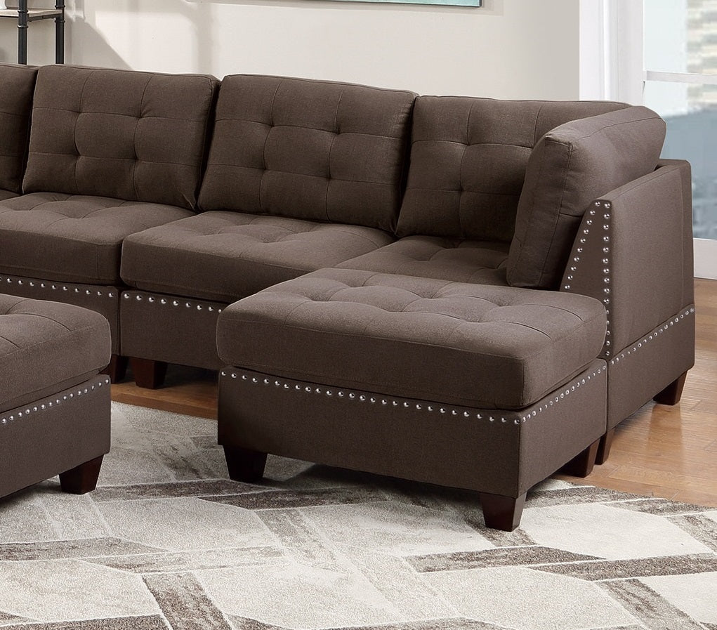Contemporary Modular Sectional 8pc Set Living Room Furniture - Black Coffee Linen Like Fabric, Tufted Nail heads, Corner L-Sectional with 3x Corner Wedge, 3x Armless Chair, and 2x Ottoman