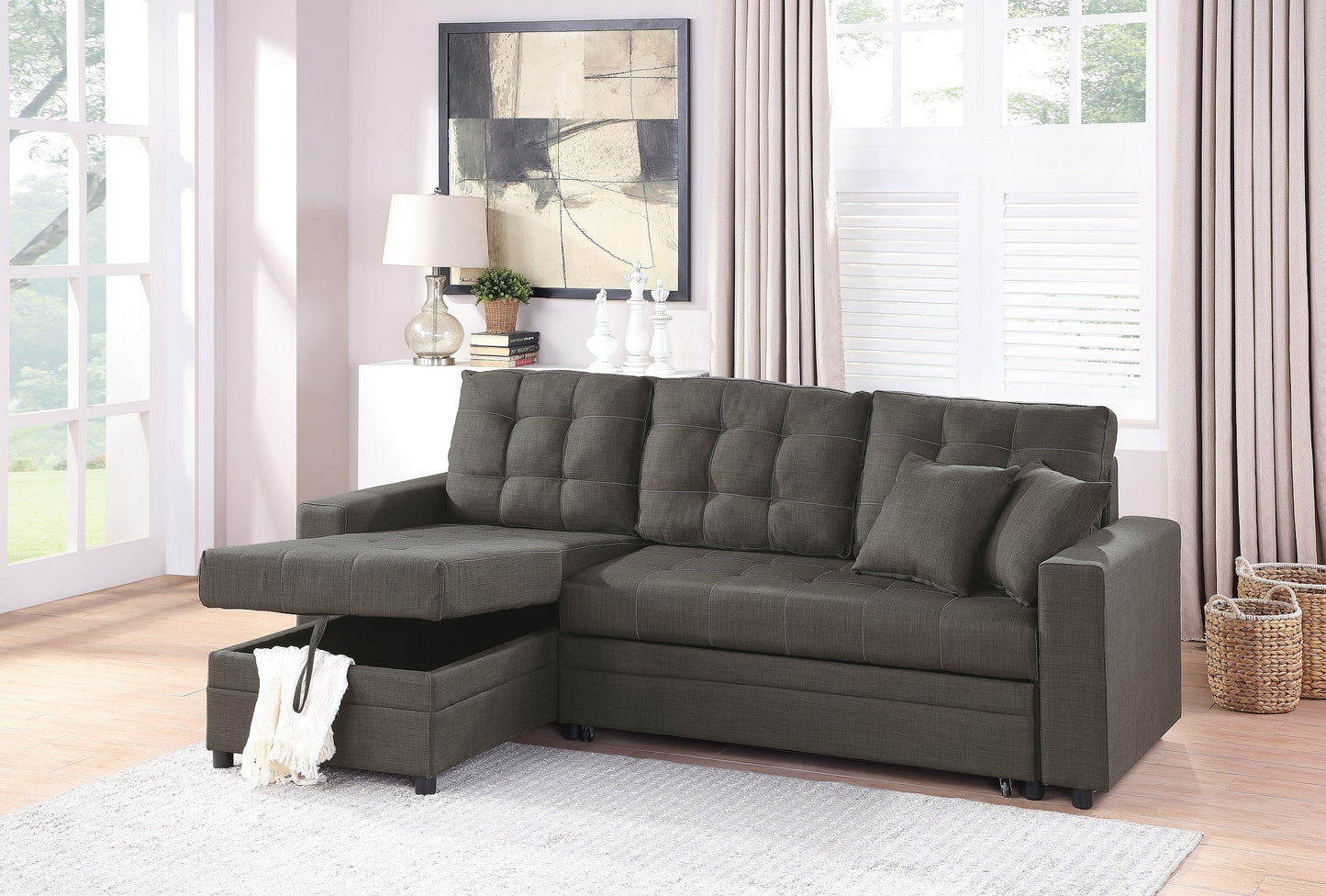 Convertible Sectional Pull Out Bed Sofa Chaise with Reversible Storage, Ash Black Polyfiber Tufted Couch Lounge - Various Sizes Available