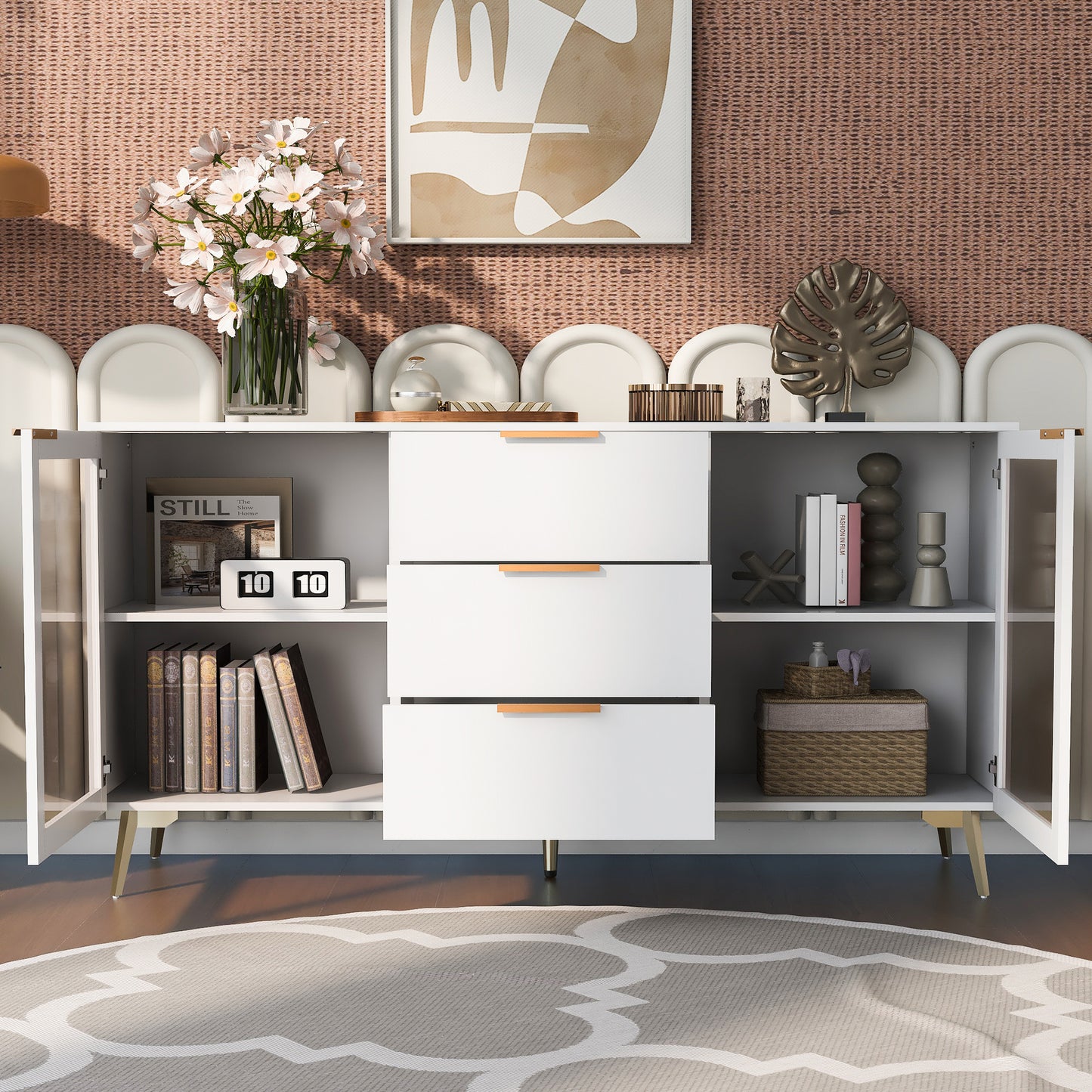 Two-door Storage Cabinet with Three Drawers and Metal Handles for Living Rooms Furniture