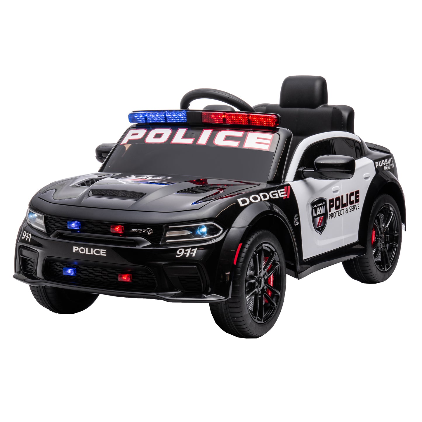12V Licensed Dodge Charger Kids Ride On Police Car | Remote Control, Adjustable Speeds, Power Display | USB, MP3, Bluetooth, LED Lights | Four-Wheel Suspension, Slow Start | Black