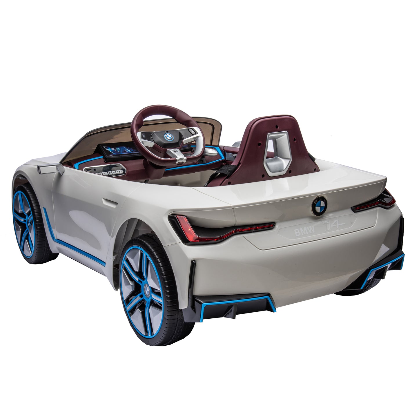 Licensed BMW I4 12V Kids Ride-On Car: 2.4G Remote Control, Electric, 3-Speed, Power Display, USB, MP3, Bluetooth, LED Lights, Safety Belt, Story - Black