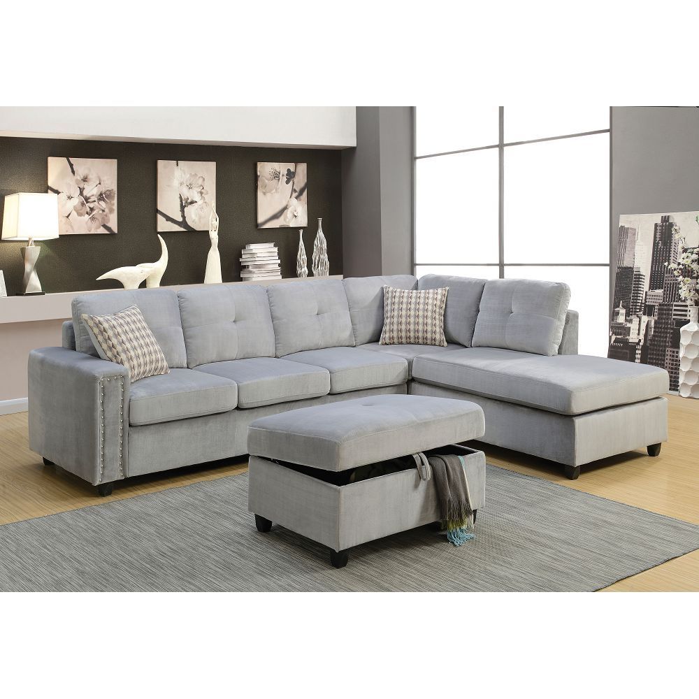 Belville Sectional Sofa w/Pillows: Gray Velvet, Modern Design | 52710