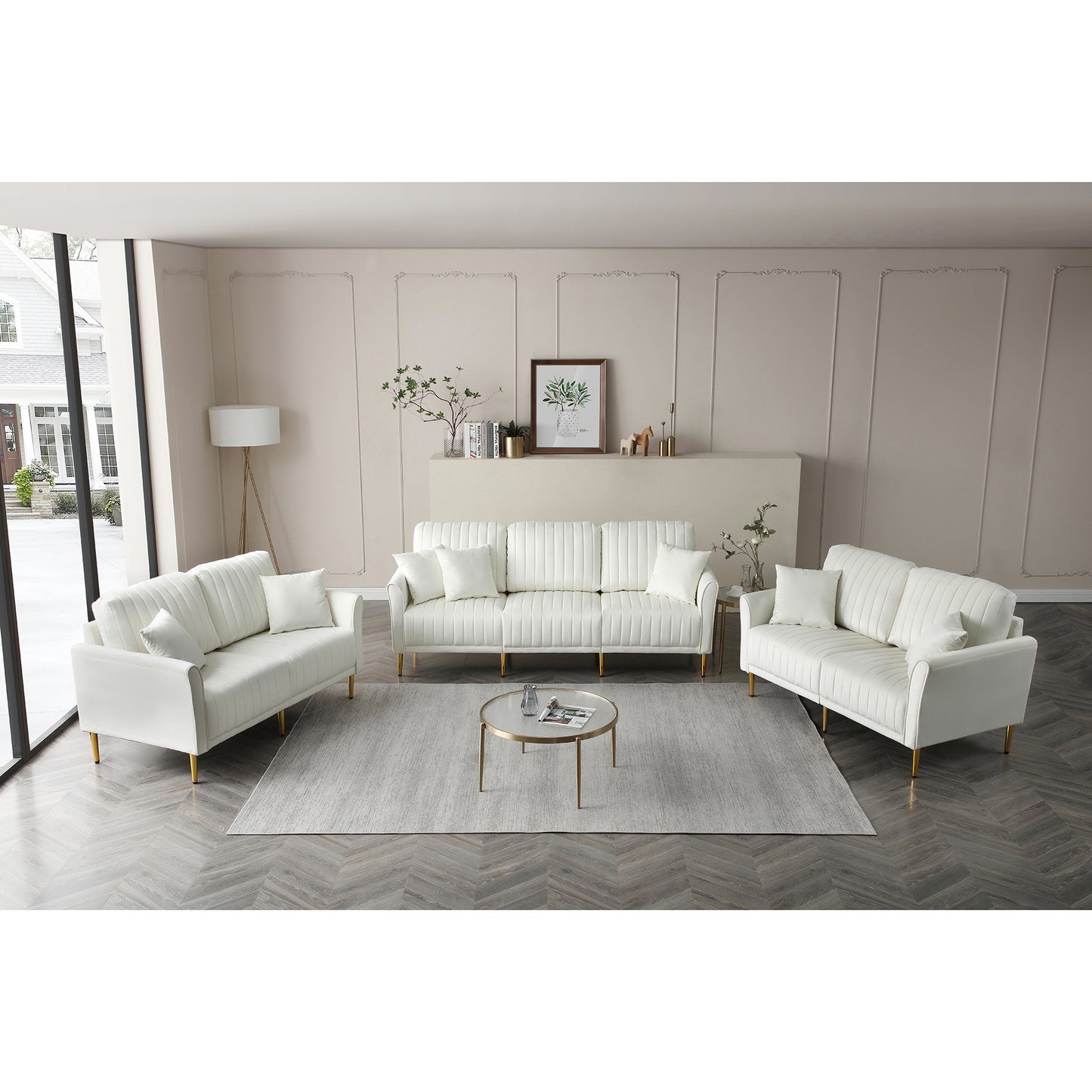 Modern Upholstered Sofa 3 Seater & 2 Seater Couches for Living Room Sectional Sofas with Throw Pillows and Gold Metal Legs, Cream Velvet