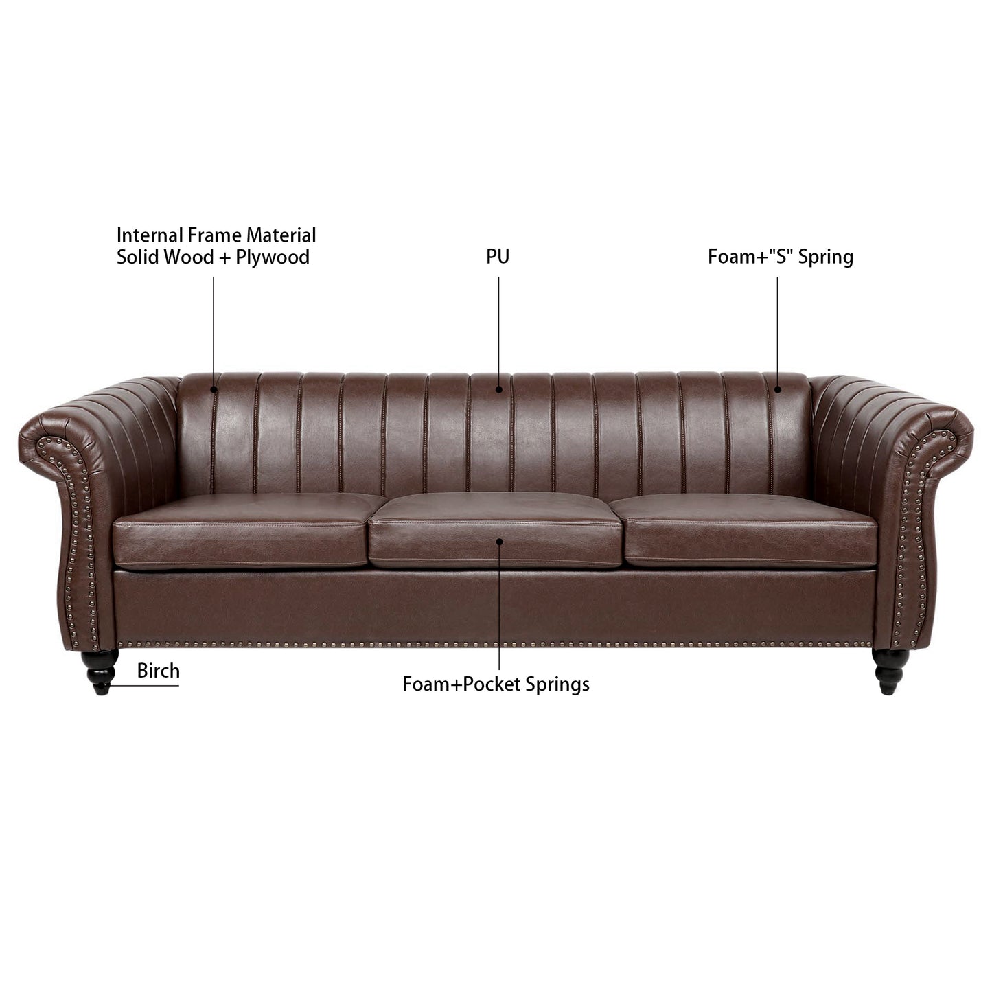 83.46'' Brown PU Rolled Arm Chesterfield Three Seater Sofa: Elegant and Spacious Upholstered Seating Solution with Classic Rolled Arms and Luxurious Brown PU Leather Finish