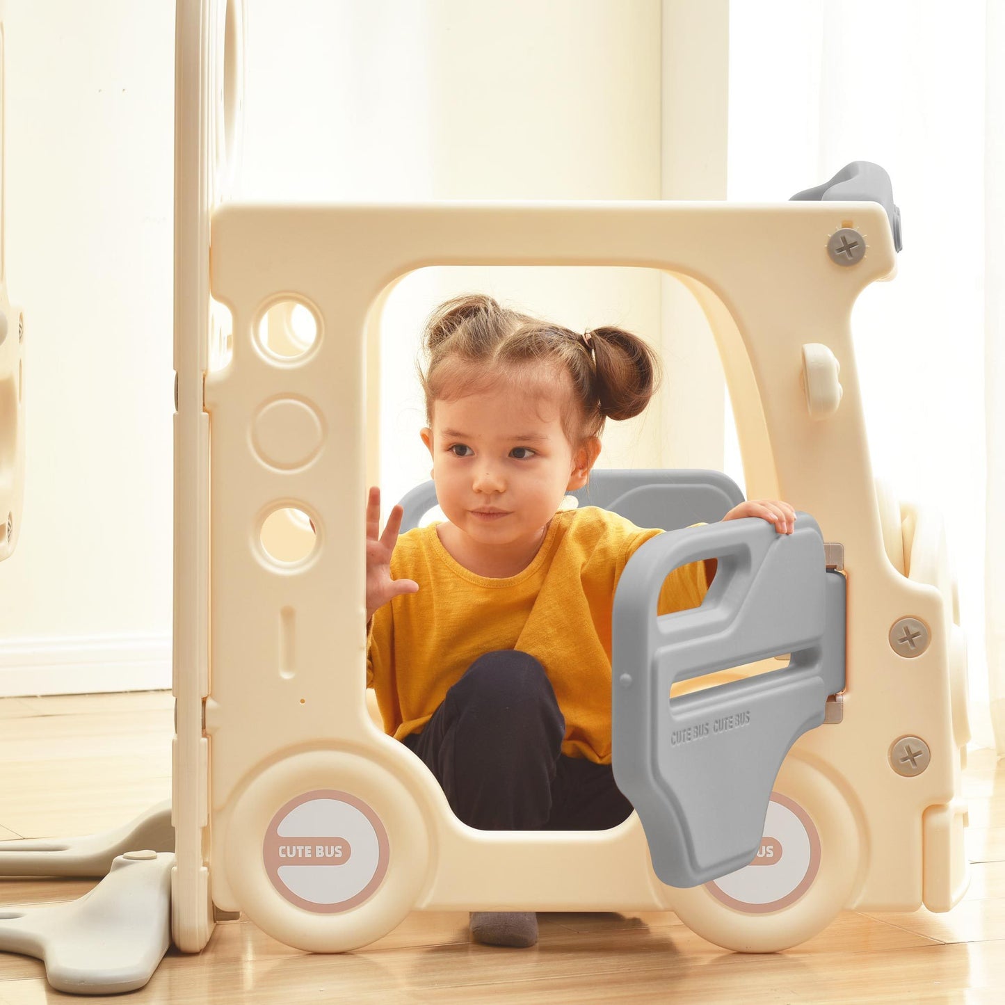 Kids Slide Playset Structure 9 in 1: Freestanding Castle Climbing Crawling Playhouse with Slide, Arch Tunnel, Ring Toss, Bus Model, Basketball Hoop & Toy Storage Organizer for Toddlers