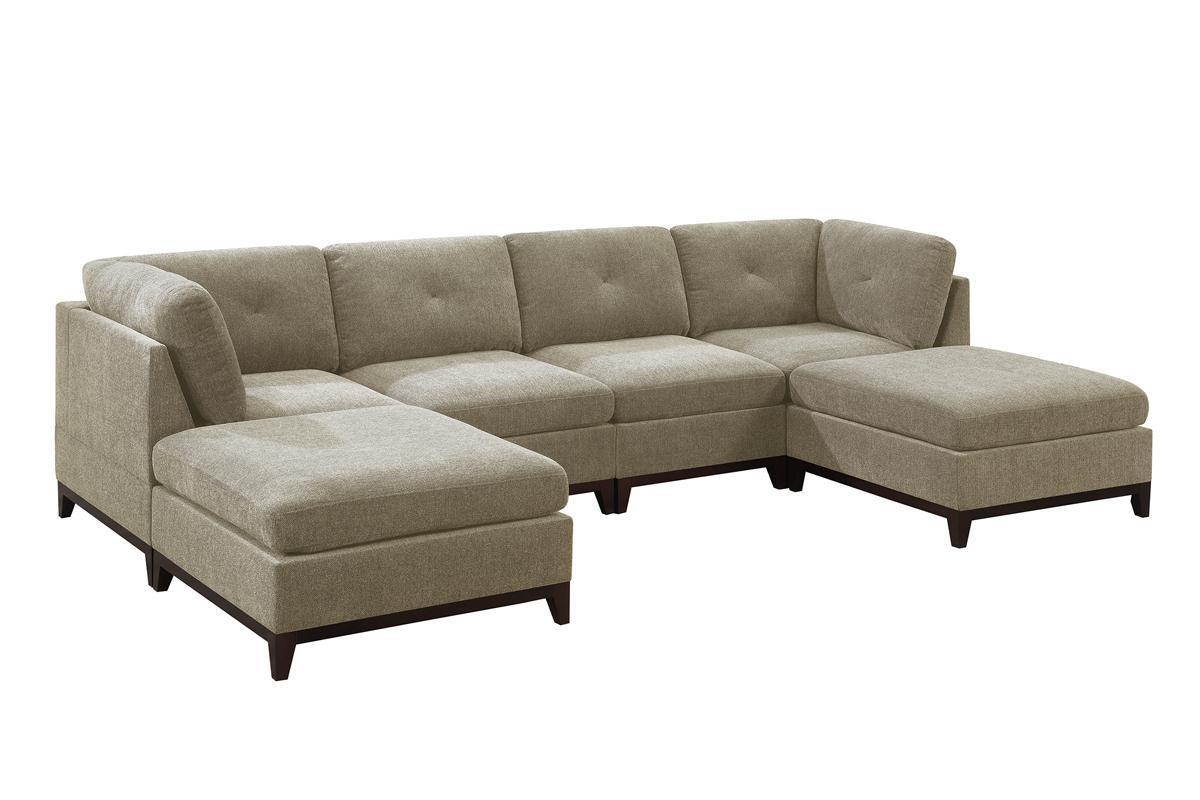 Camel Chenille Fabric Modular Sectional 6pc Set: U-Sectional Couch, Tufted Back, Exposed Wooden Base - Corner Wedge, Armless Chairs, Ottomans (Size/Color)