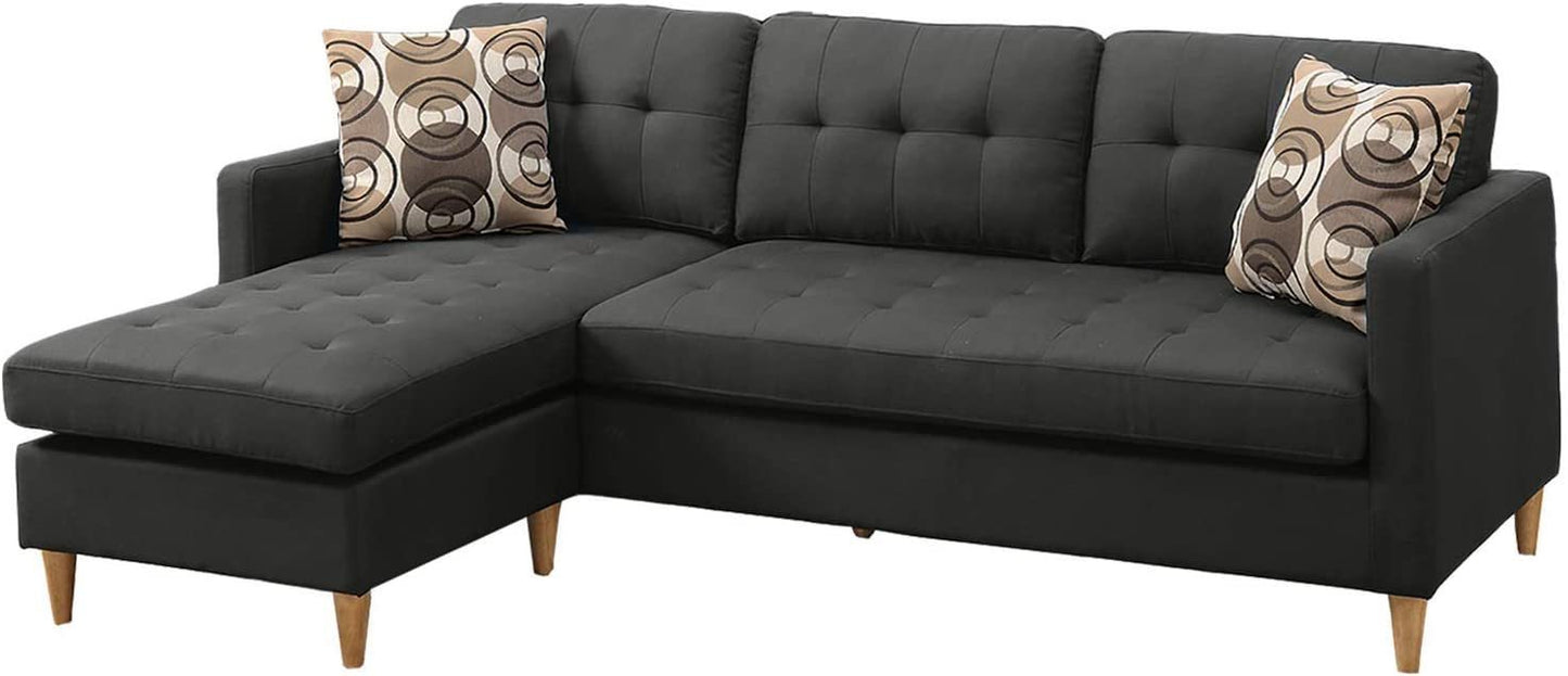 Black Polyfiber Sectional Sofa Living Room Furniture with Reversible Chaise, Pillows, Tufted Back, and Modular Design