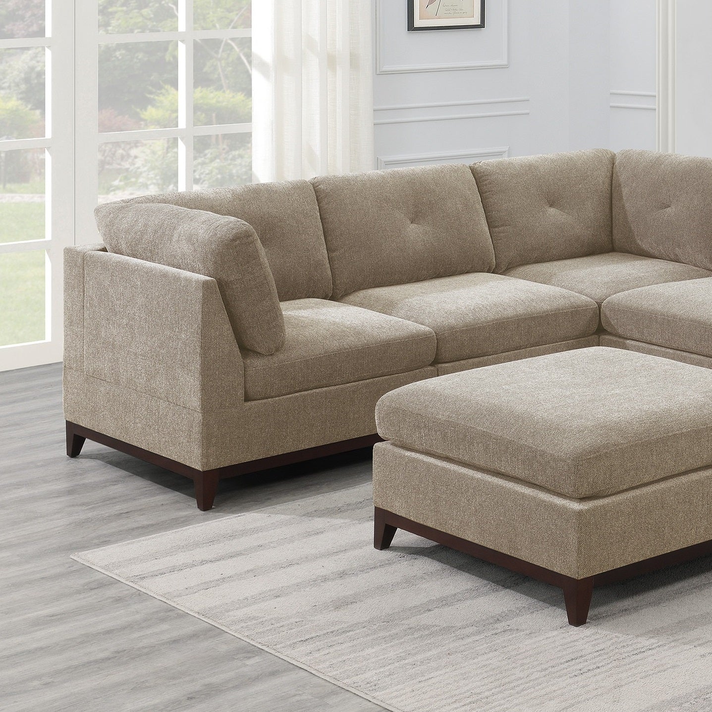 Camel Chenille Fabric Modular Sectional 6pc Set - Corner Sectional Couch with 3x Corner Wedge, 2x Armless Chairs, and 1x Ottoman Tufted Back - Living Room Furniture