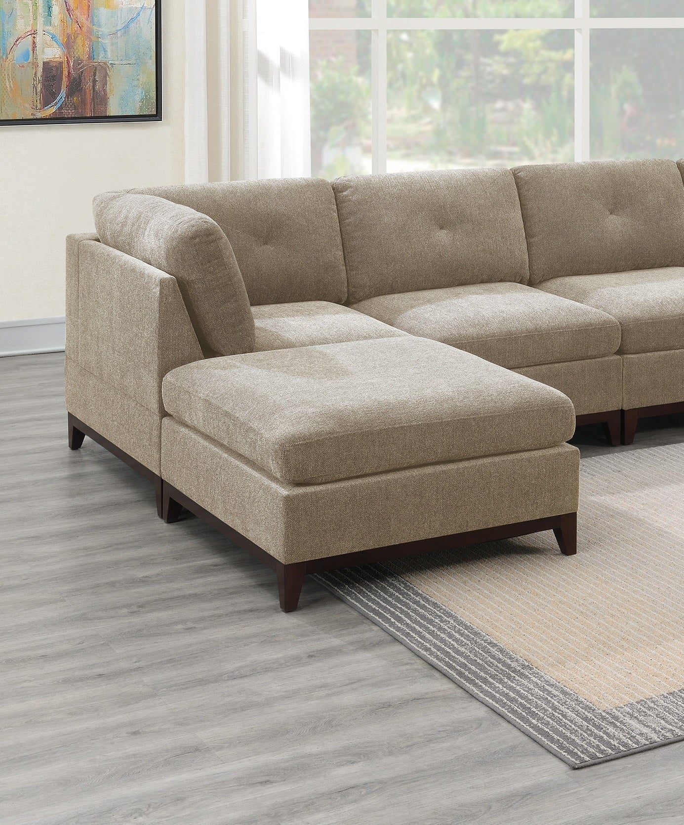 Camel Chenille Fabric Modular Sectional 6pc Set: U-Sectional Couch, Tufted Back, Exposed Wooden Base - Corner Wedge, Armless Chairs, Ottomans (Size/Color)