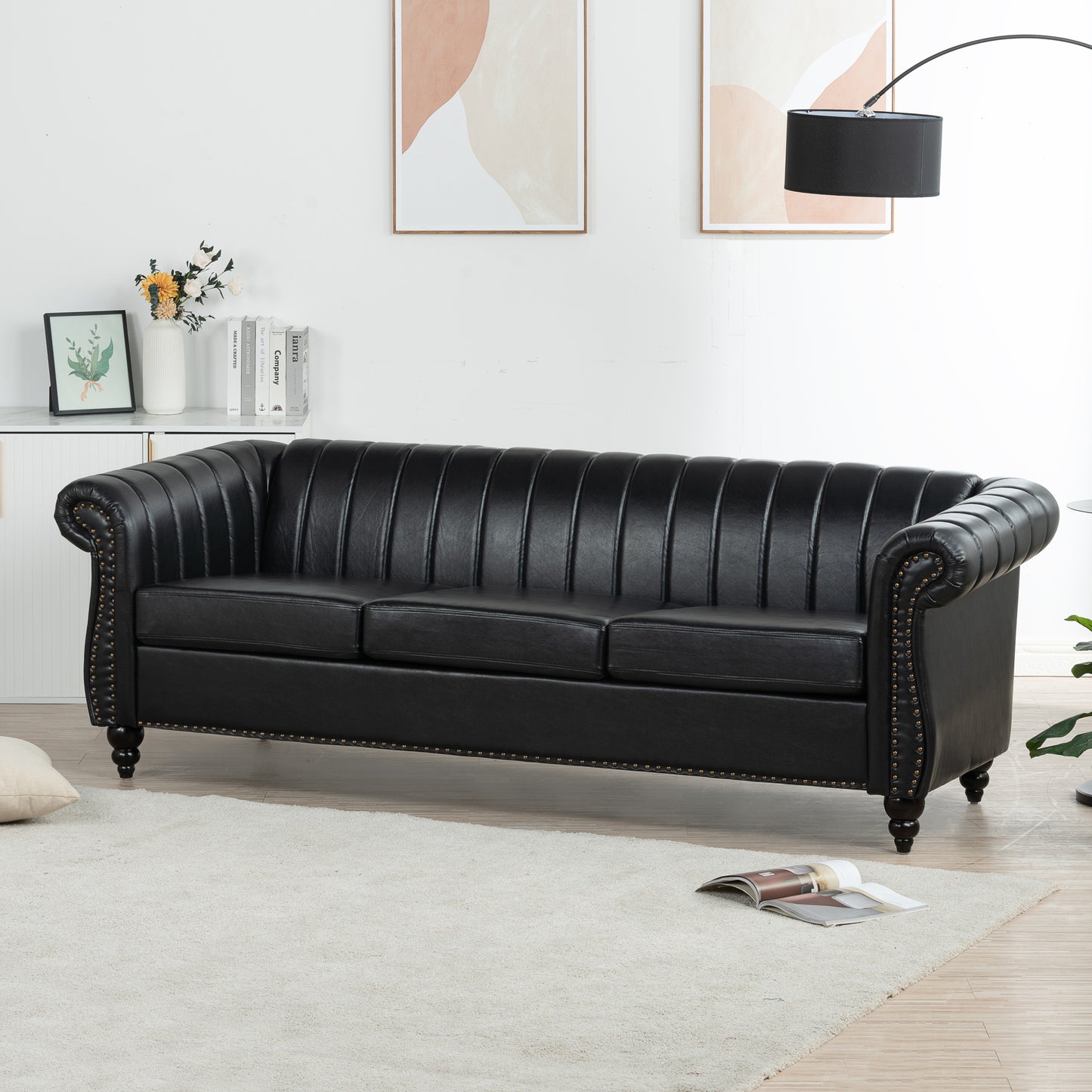 83.46'' Black PU Rolled Arm Chesterfield Three Seater Sofa: Elegant, Comfortable, and Spacious