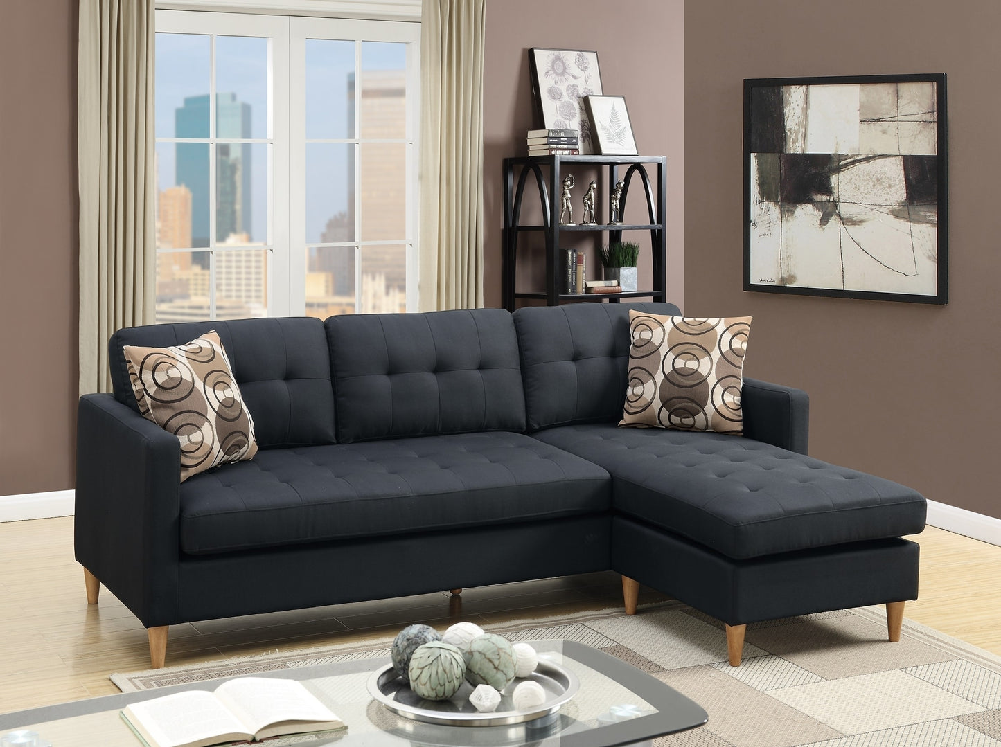 Black Polyfiber Sectional Sofa Living Room Furniture with Reversible Chaise, Pillows, Tufted Back, and Modular Design