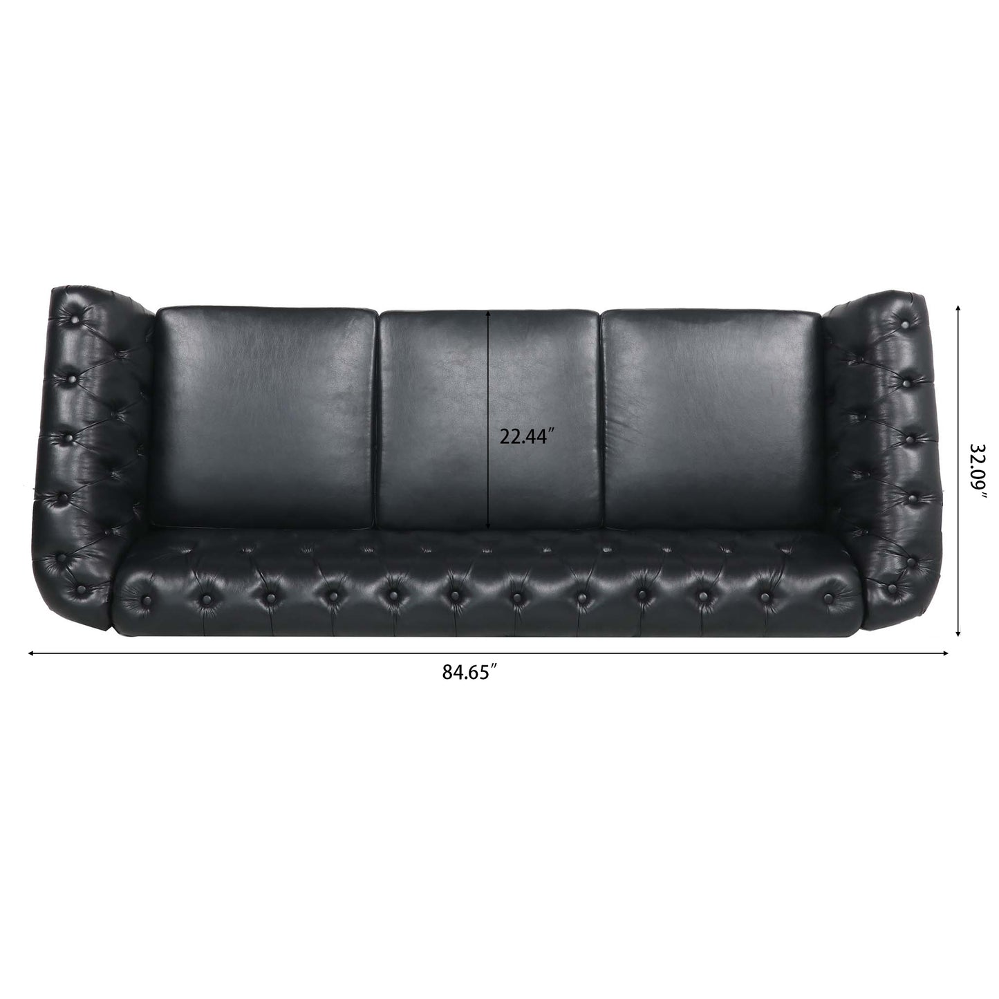 84.65" Three-Seater Sofa with Rolled Arm and Black PU Upholstery: Chesterfield Design