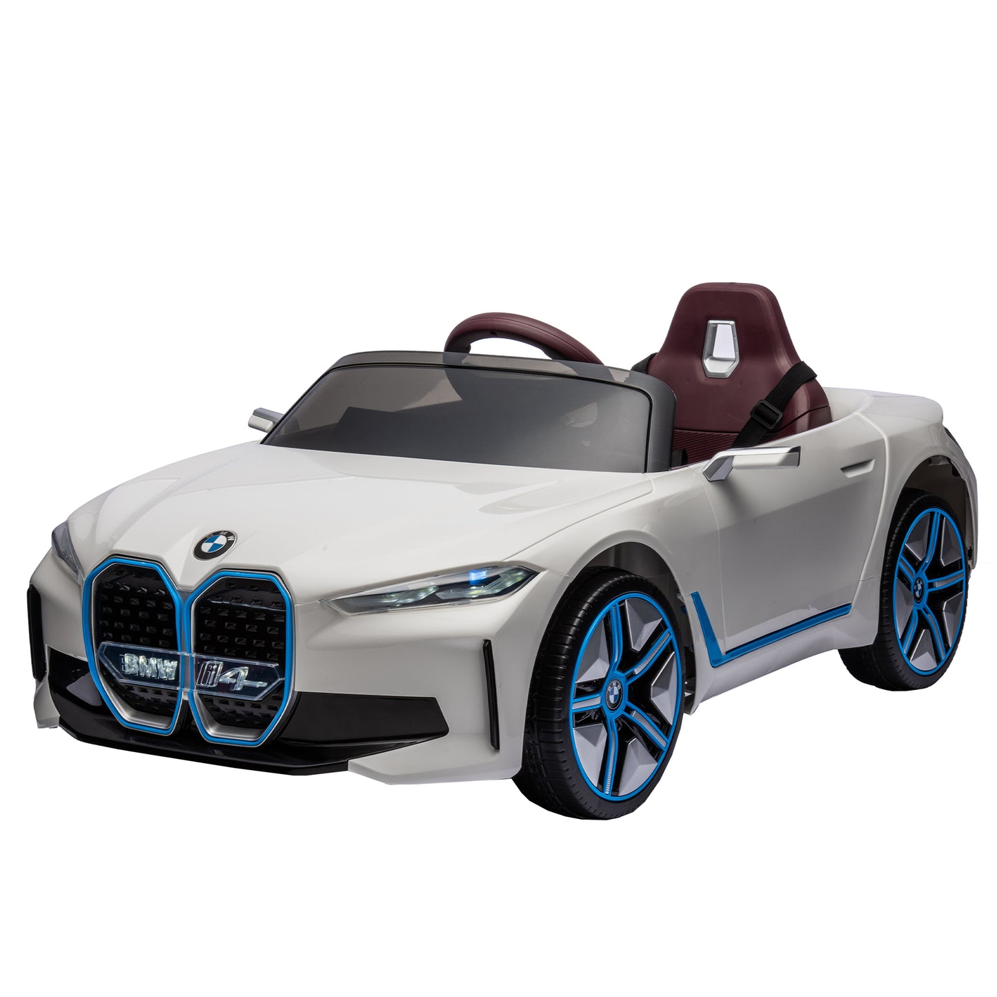 Licensed BMW I4 12V Kids Ride-On Car: 2.4G Remote Control, Electric, 3-Speed, Power Display, USB, MP3, Bluetooth, LED Lights, Safety Belt, Story - Black