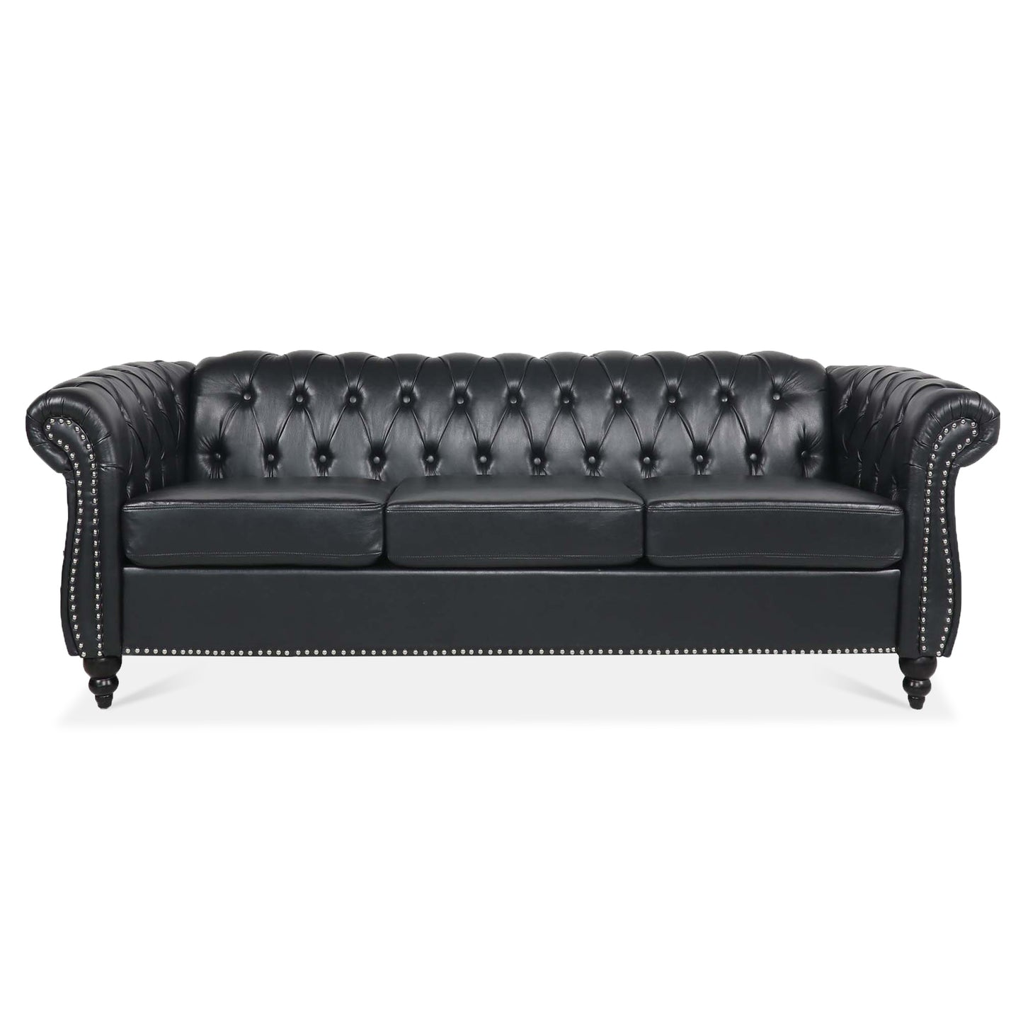 84.65" Three-Seater Sofa with Rolled Arm and Black PU Upholstery: Chesterfield Design