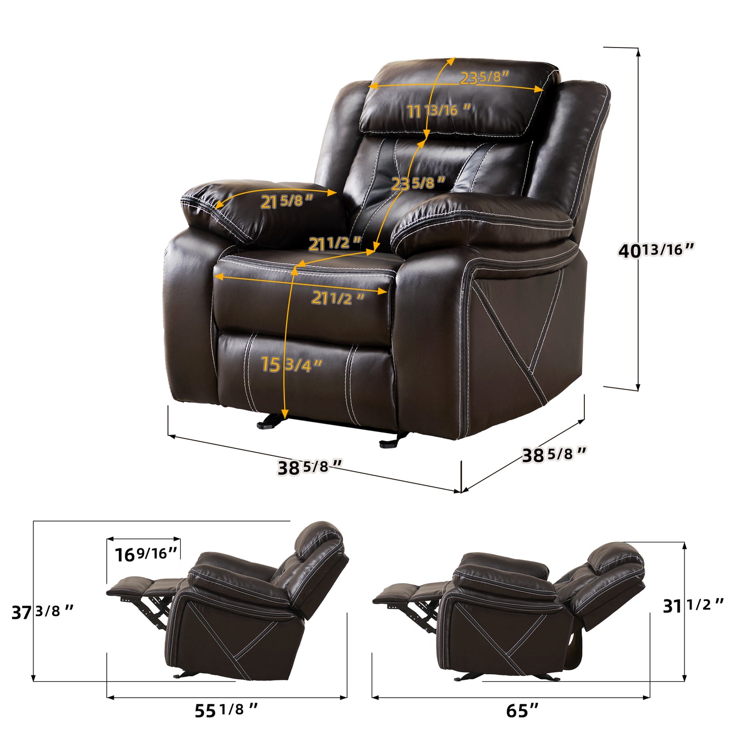 Reclining Upholstered Manual Puller in Faux Leather - Brown 38.58*38.58*40.16: Comfortable and Stylish Seating Solution with Manual Reclining Function and Brown Faux Leather Upholstery