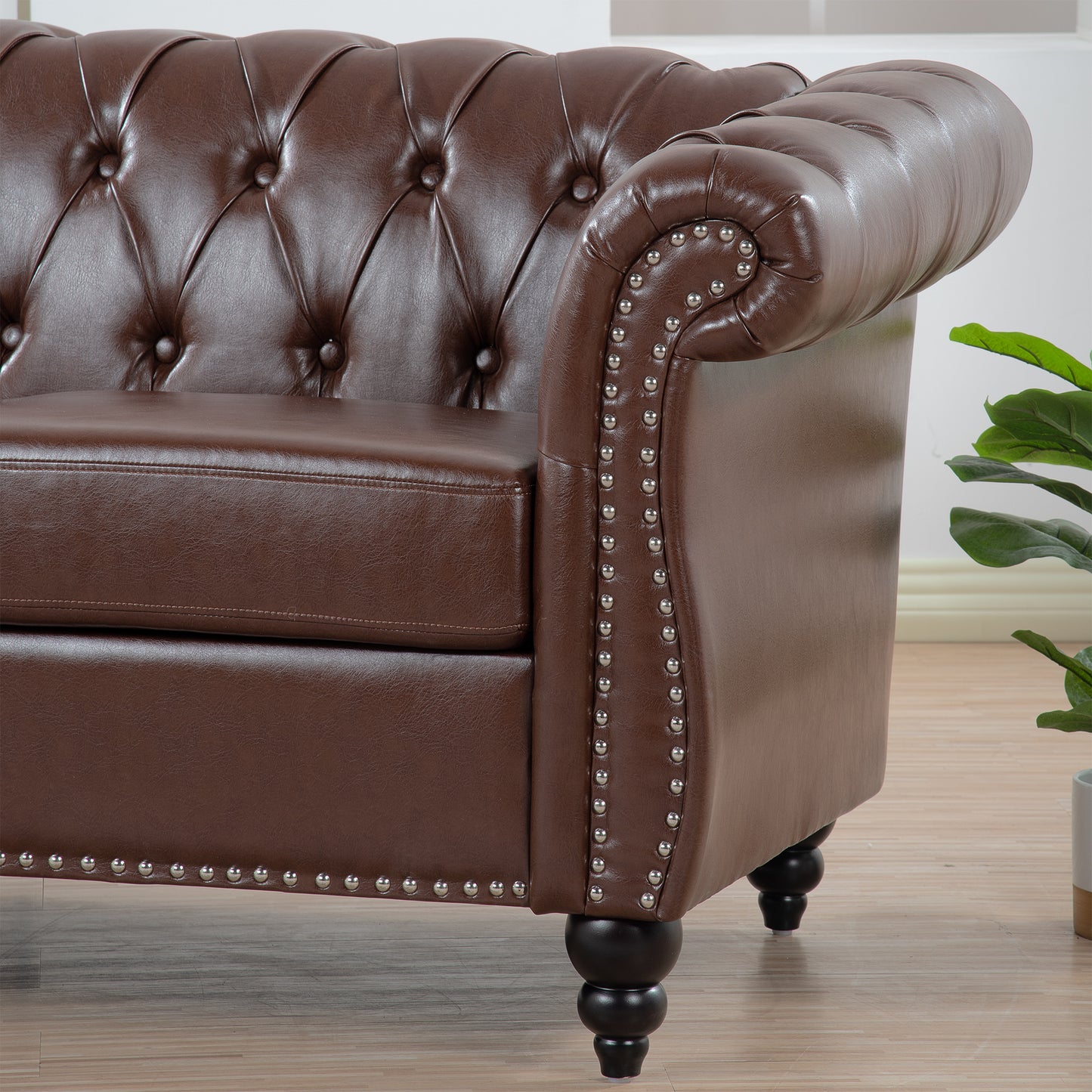 84.65" Dark Brown PU Rolled Arm Chesterfield Three Seater Sofa - Stylish and Spacious Upholstered Couch with Classic Design