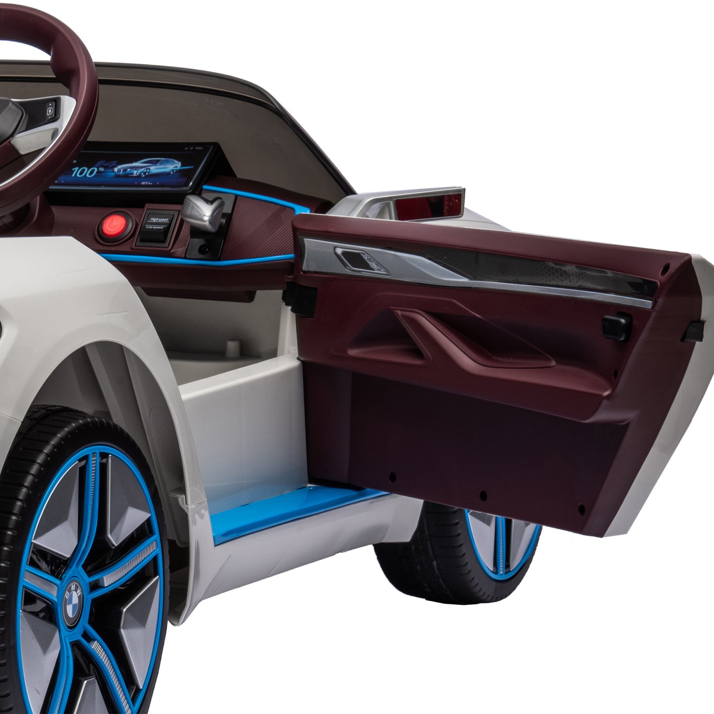 Licensed BMW I4 12V Kids Ride-On Car: 2.4G Remote Control, Electric, 3-Speed, Power Display, USB, MP3, Bluetooth, LED Lights, Safety Belt, Story - Black