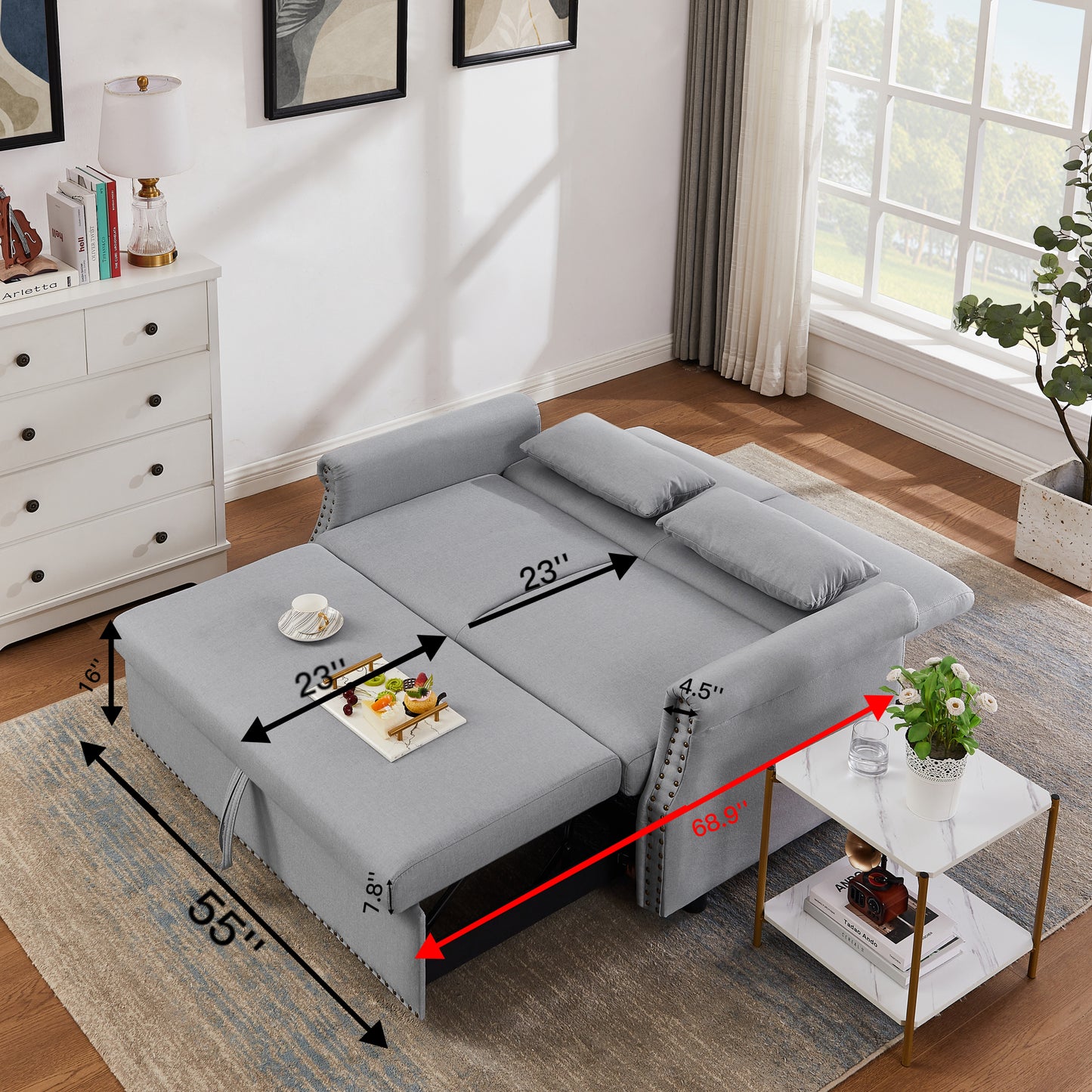 55" Pull Out Sleep Sofa Bed 2 Seater Loveseat with Adjustable Backrest and Lumbar Pillows for Apartment Office Living Room | Artemax Modern Couch
