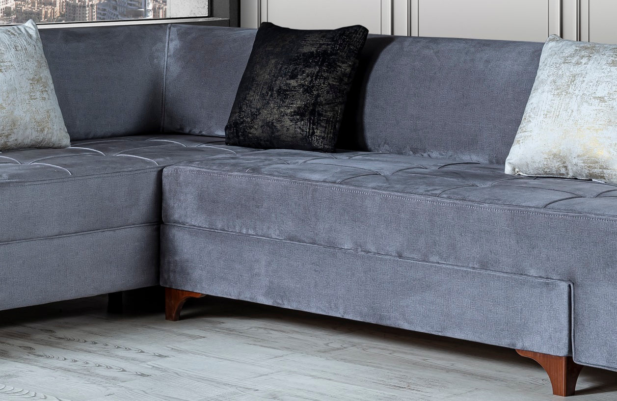 Living Room Sectional Sofa Chaise: Grey Fabric, Wooden Cushion, Tufted Seat, Waterproof Zen Fabric