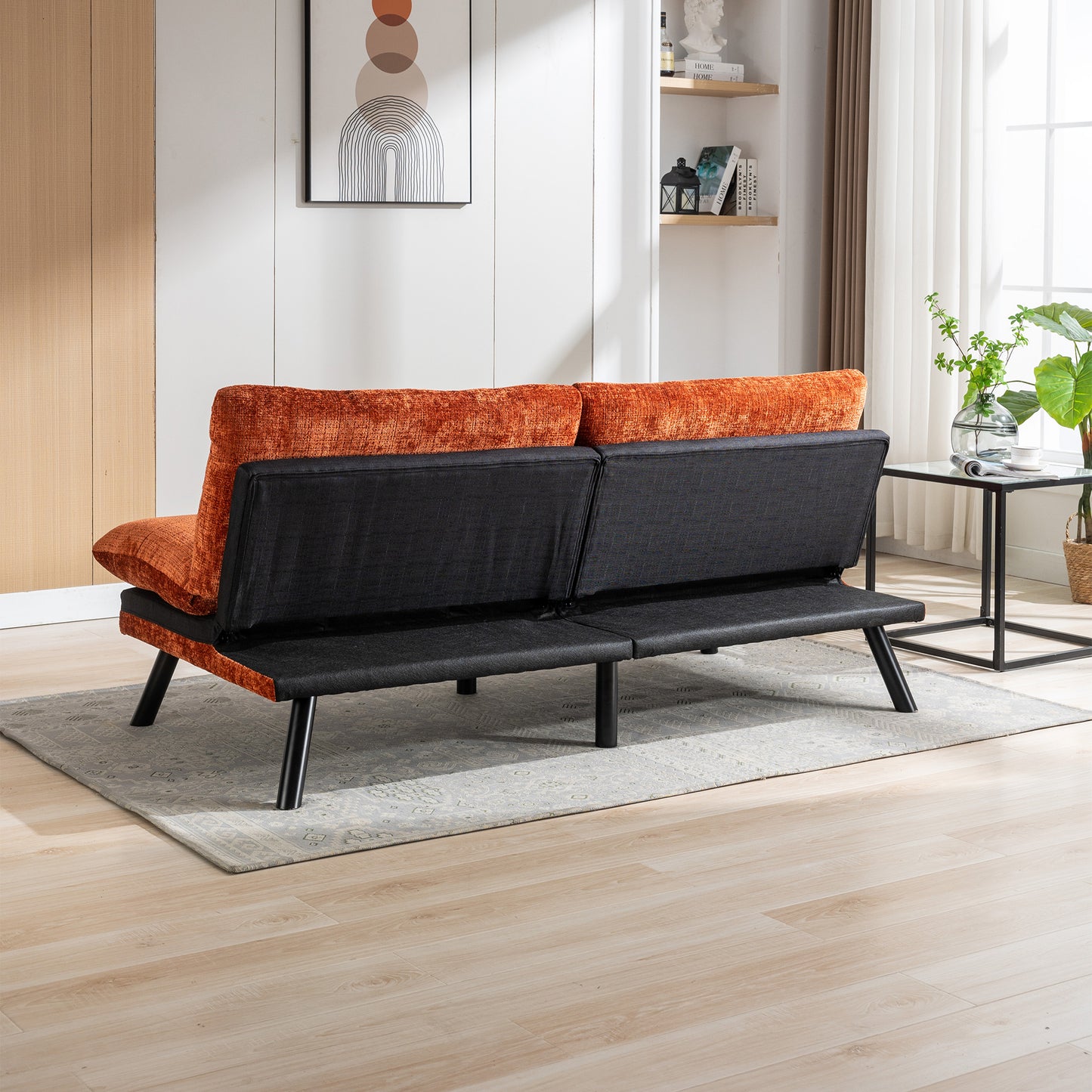 Convertible Sofa Bed Loveseat Futon Bed Breathable Adjustable Lounge Couch with Metal Legs - Compact Living Space Chenille-Orange
