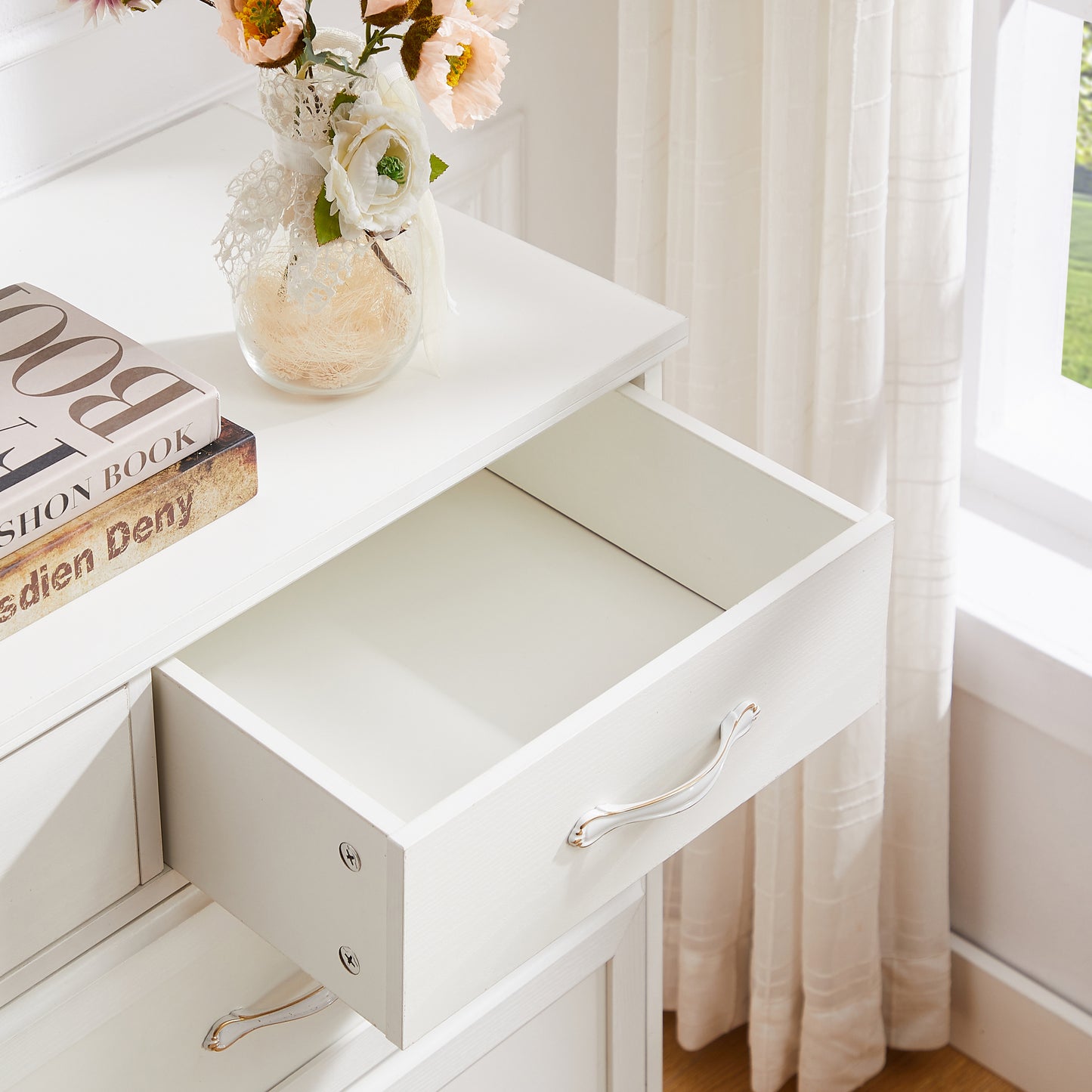 9 Drawer Long Dresser with Antique Handles Wood Chest of Drawers